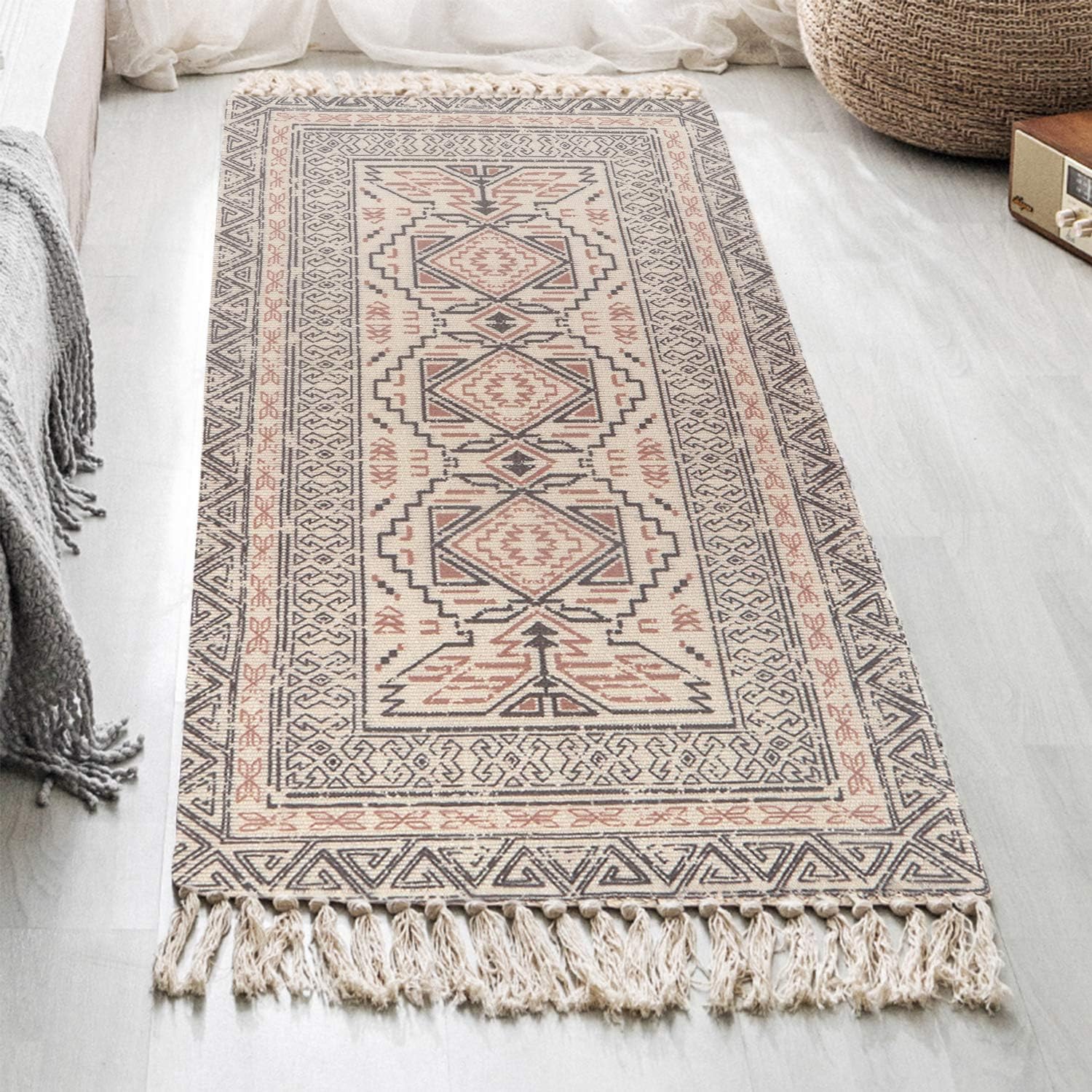 Cotton Area Rug 2' x 4.3', KIMODE Hand Woven Print Fringe Tassels Throw Rugs Runner Machine Washable Carpet Door Mat for Bathroom,Bedroom,Living Room,Laundry Room, Multi Geometry