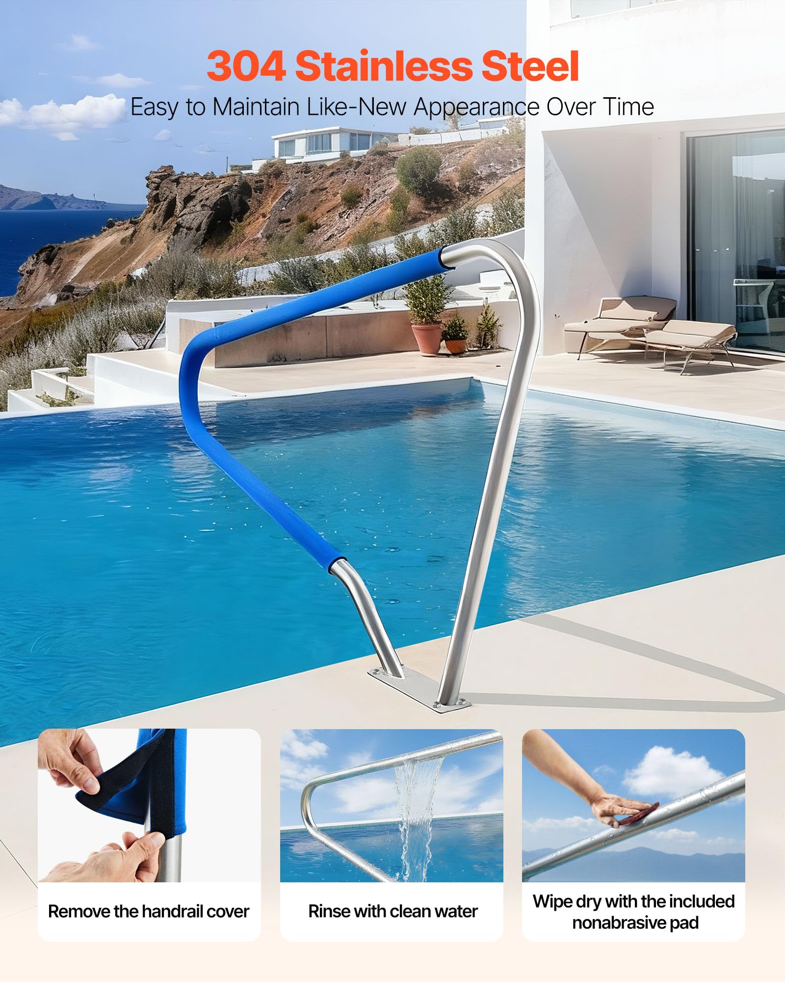 VEVOR Barandilla para Piscina, Carga de 100 kg, Acero Inoxidable 304, Cubierta Antideslizante Extraíble, Amplia Gama de Accesorios, para Piscinas, Parques Acuáticos y Spas, 1220 x 100 x 915 mm