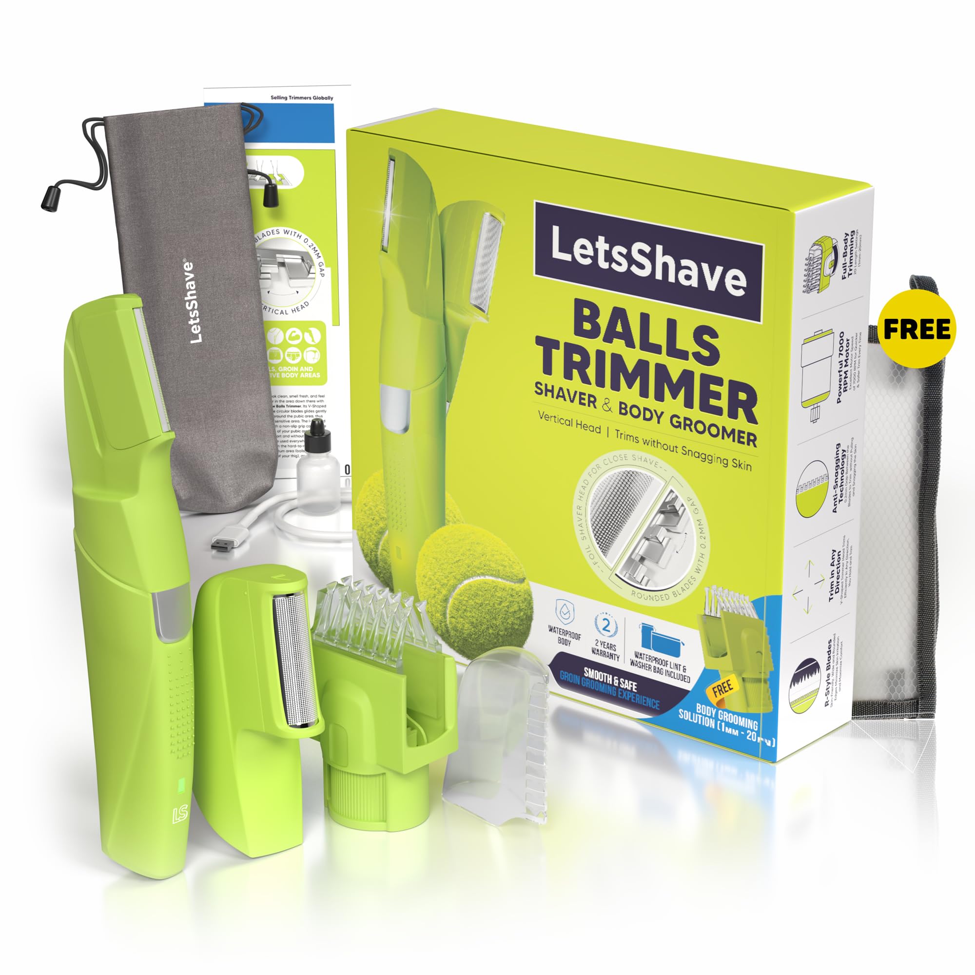 LetsShave Mens Pubic Hair Trimmer | Balls Shaver | V-Shaped Head | Ultra Thin Rounded Blade | Body Hair Trimmer and Shaver | Comes with Attachments | Waterproof | Anti Snagging