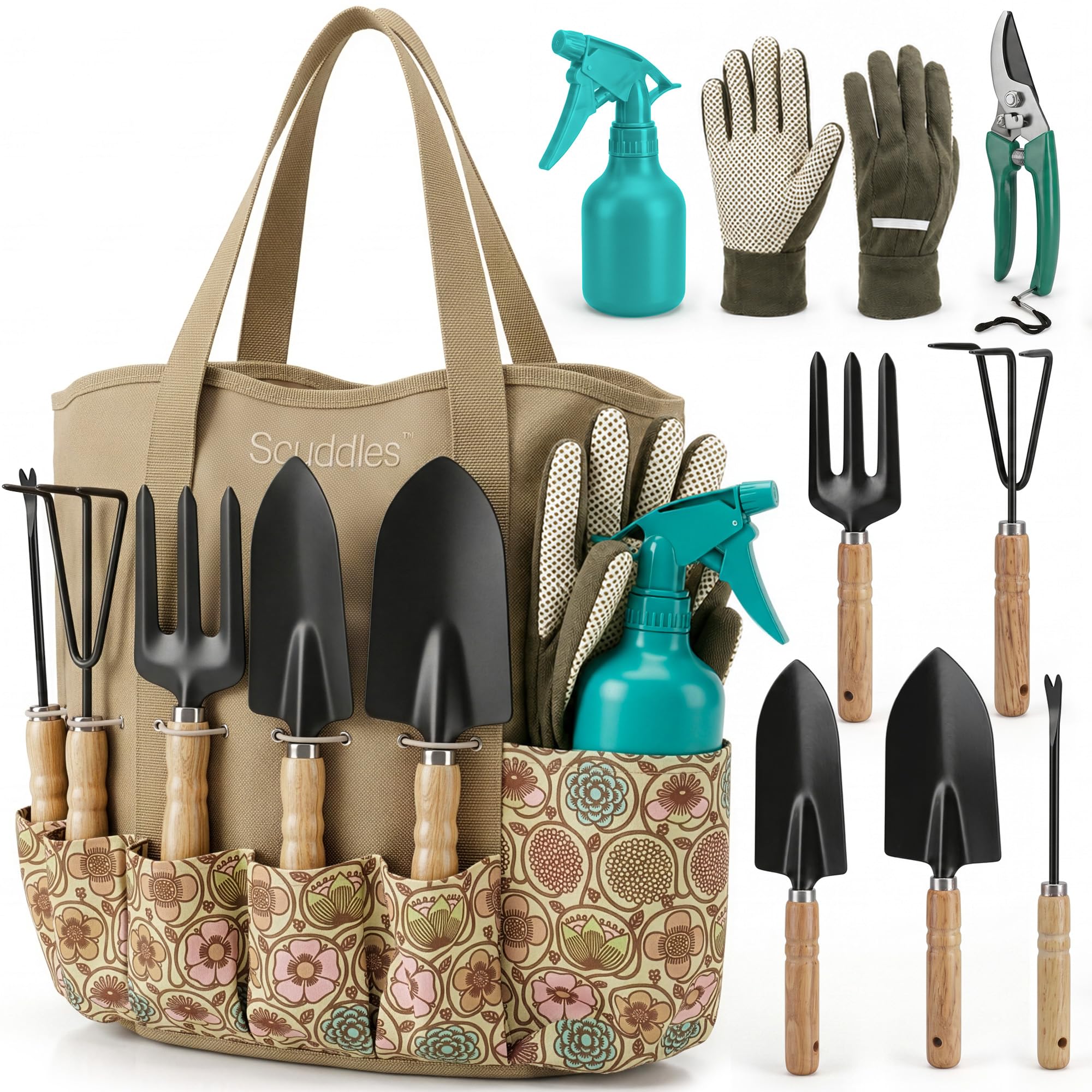 Scuddles 8-Piece Garden Tool Set with Carry Bag, Includes Shovel, Trowel, Rake &amp; Hand Tools for All Gardening Tasks, Heavy Duty Lightweight Design 2.2 lb – Perfect for Men, Women &amp; Gardening Gifts