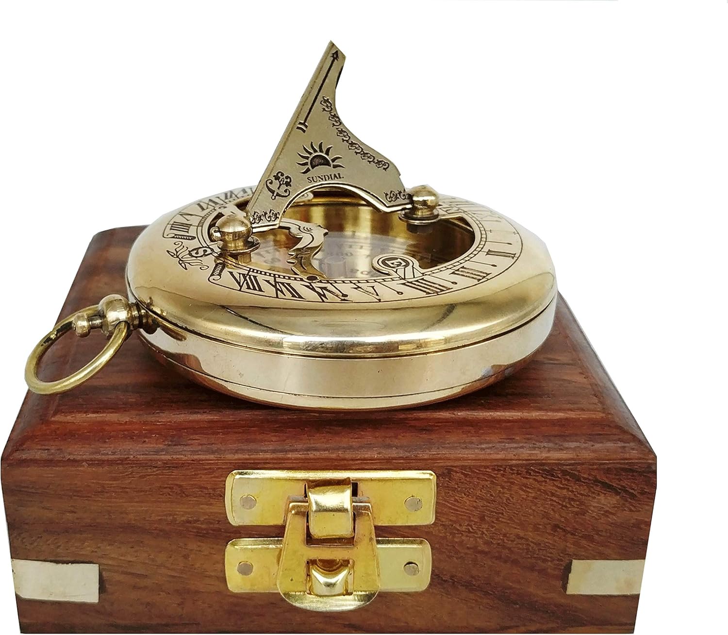 Steampunk Accessory - Antique Brass Compass Engraved with Wooden Case Maritime Nautical Gift Baptist Pirate