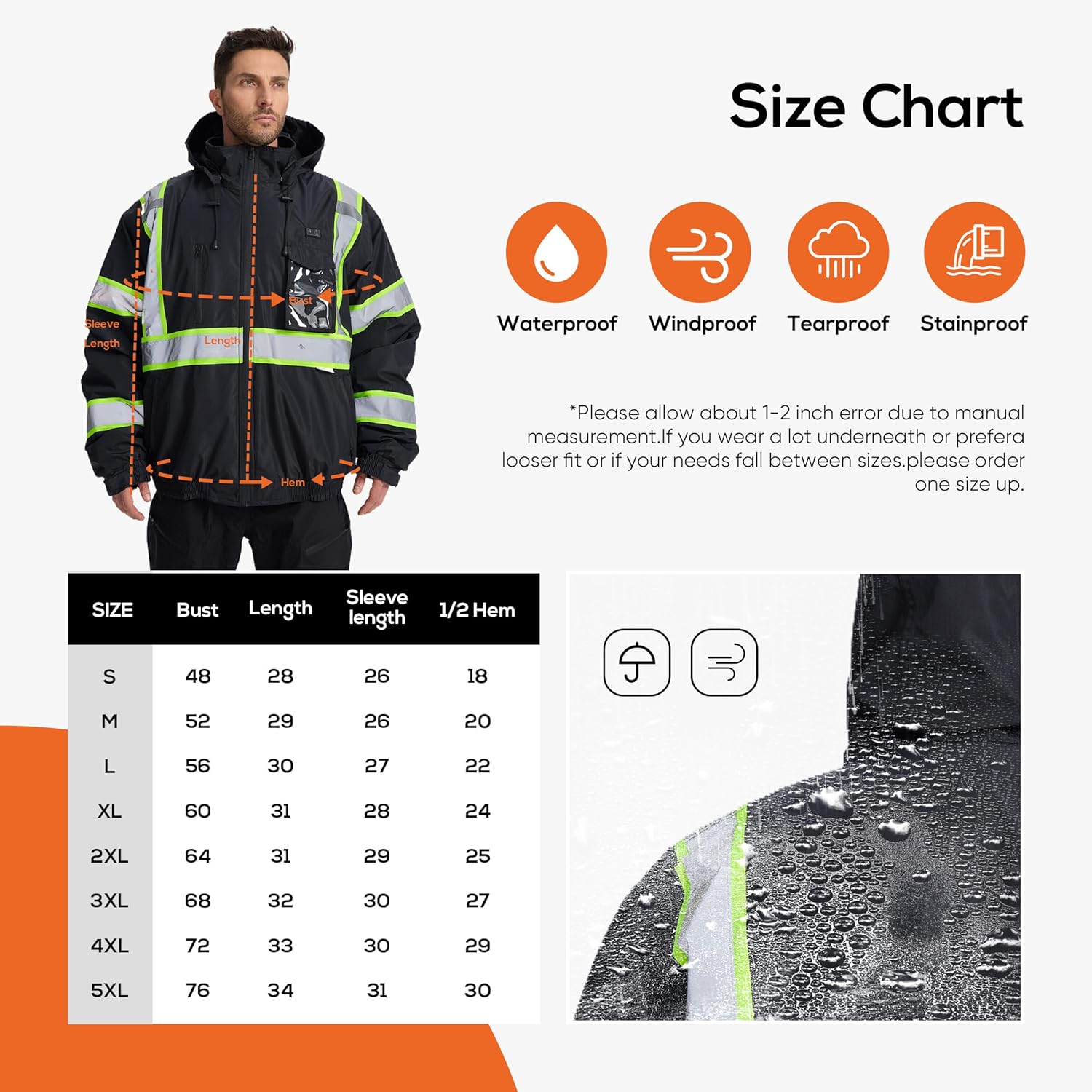 SRsafety Safety Heated Jacket,Waterproof Safety Jacket for Men with Pockets, Reflective High Visibility Safety Jackets - Image 5