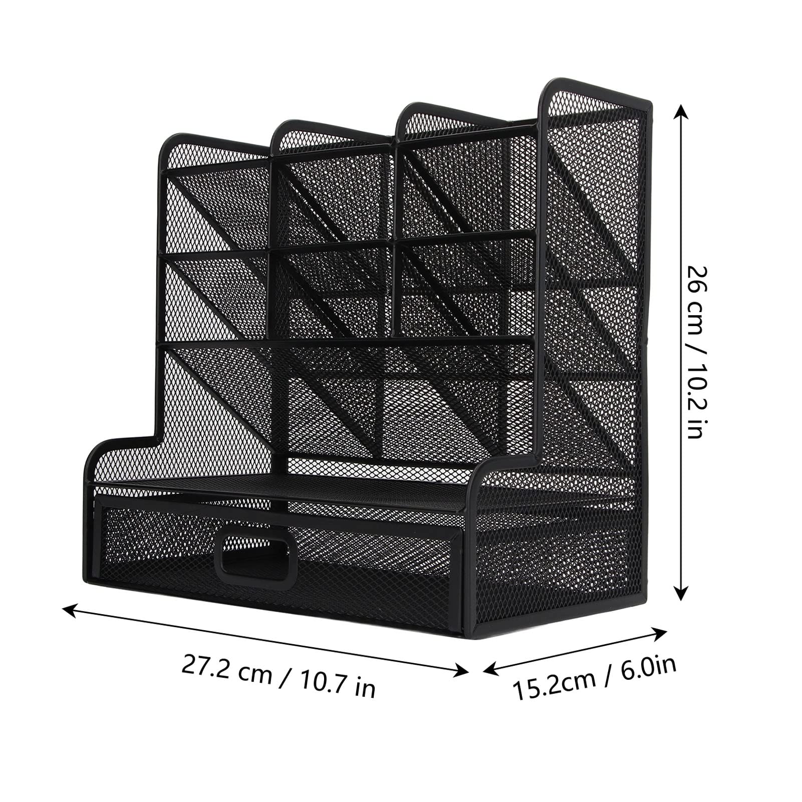 Organizer da scrivania in rete, design inclinabile 9 scomparti Cassetto inferiore Organizer da scrivania per ufficio Caddy stazionario in metallo Portapenne in rete con prospettiva