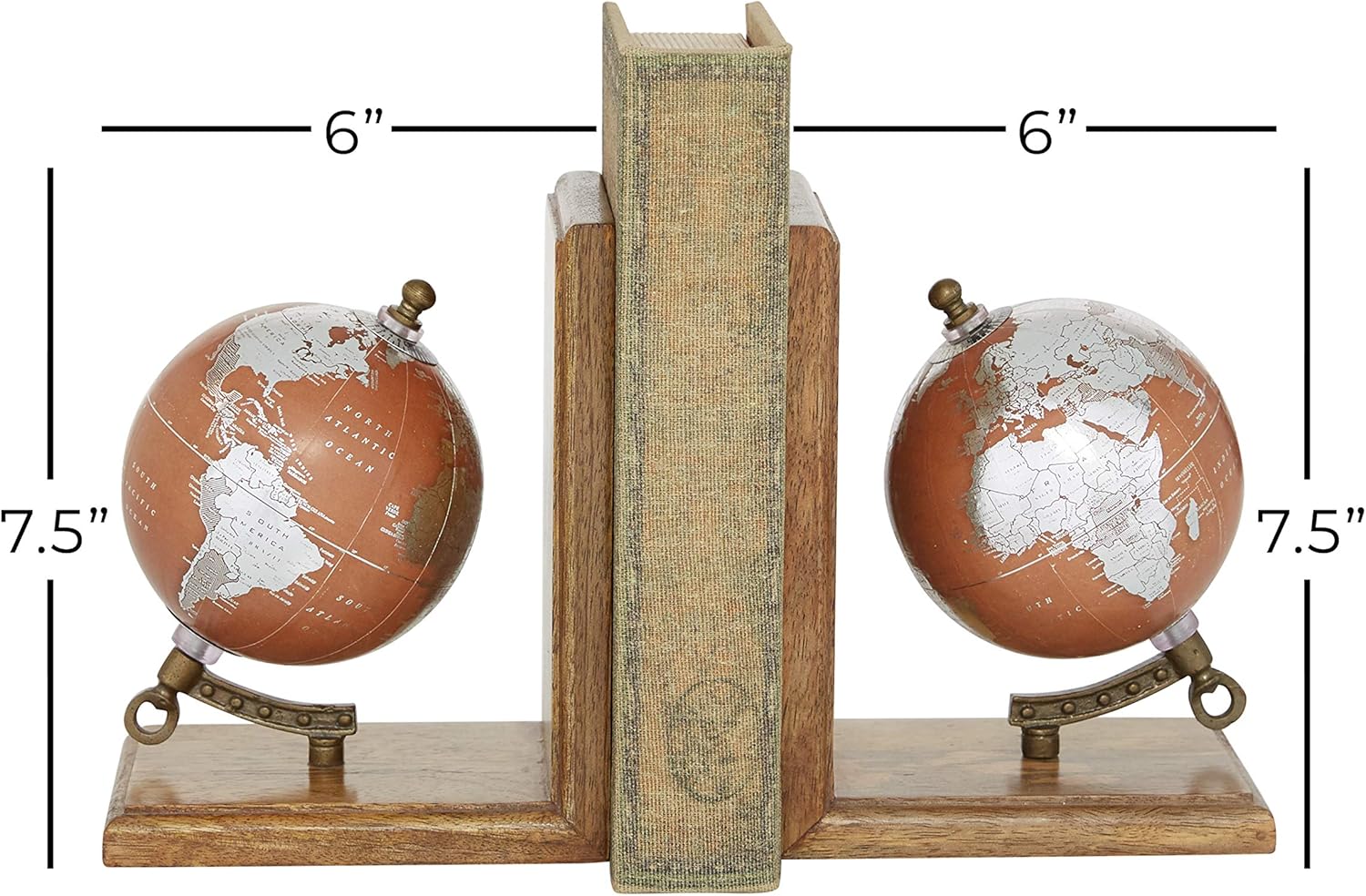 Deco 79 Wood Decorative Bookends Globe Non Skid Bookends, Set of 2 Office Bookends7", 7"H, Brown