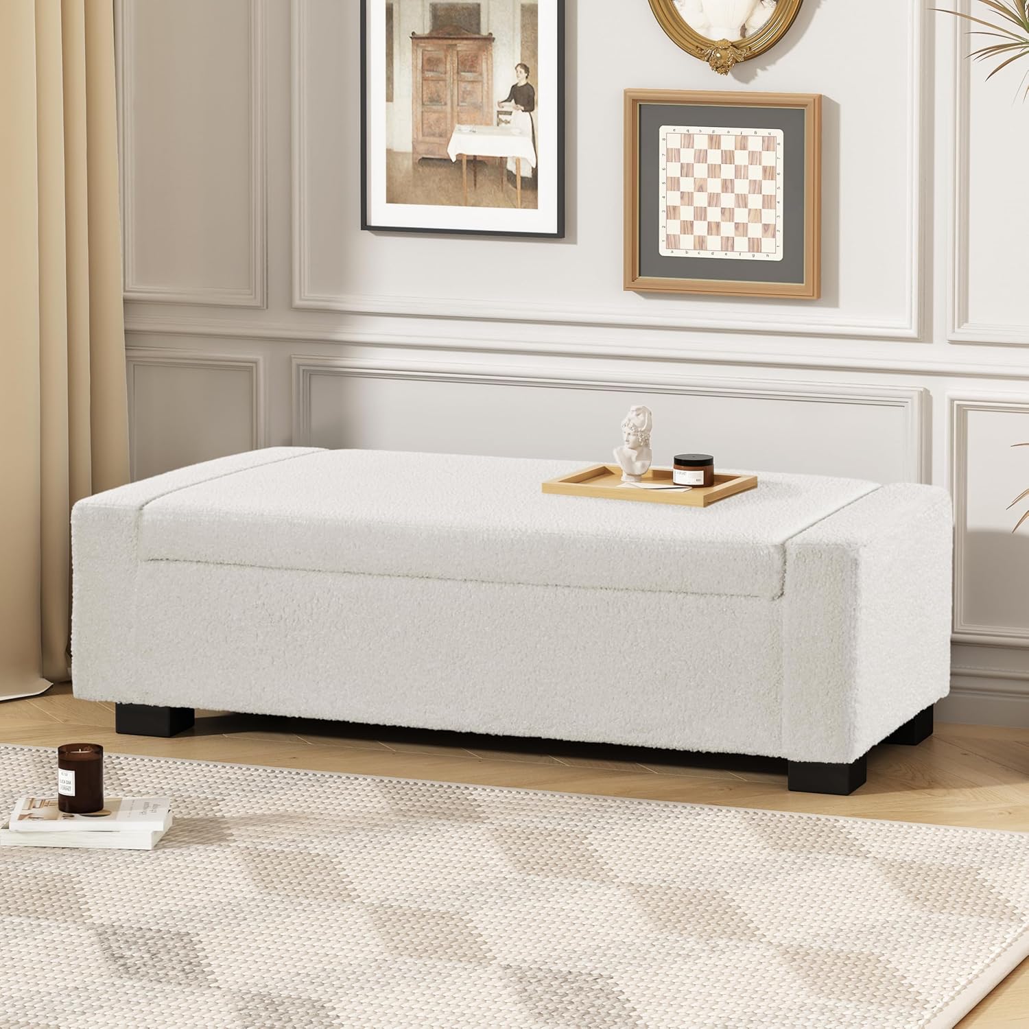 Christopher Knight Home Maddie Living Room Ottoman with Storage, Entryway Boucle Fabric Upholstered Storage Ottoman Bench, Rectangular Sofa Foot Stool, Bedroom End of Bed Bench, Shoe Organizer, Beige