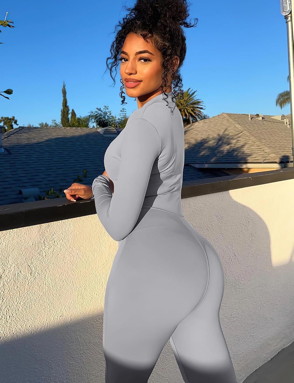 YEOREO Women Long Sleeve Workout Jumpsuit Zip Up Romper Bottom Pants Bodysuit Bodycon Sexy One Piece - Image 3