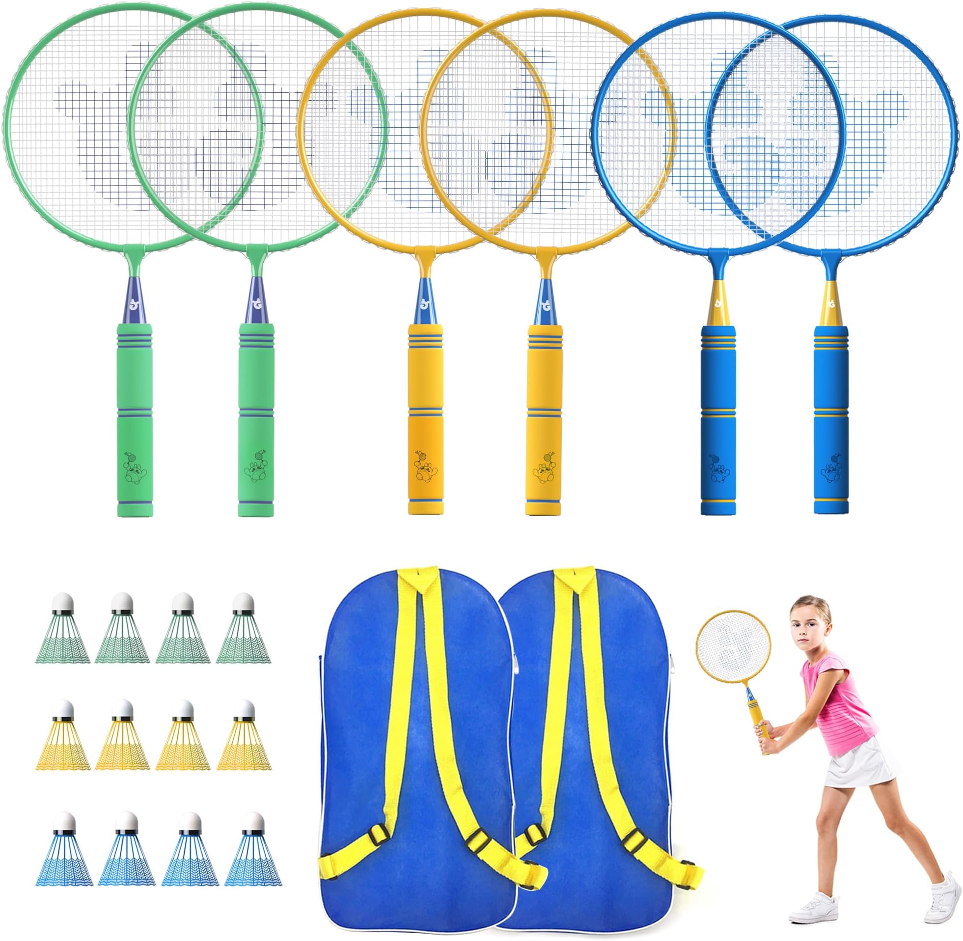 Upgraded 6 Pack Kids Badminton Rackets Set with Soft Grip, Oversize & Lightweight Shuttlecocks Racquet with 2 Carry Bag and 12 Shuttlecocks for Children Youth, 6 Player Sport Game for Outdoor Backyard