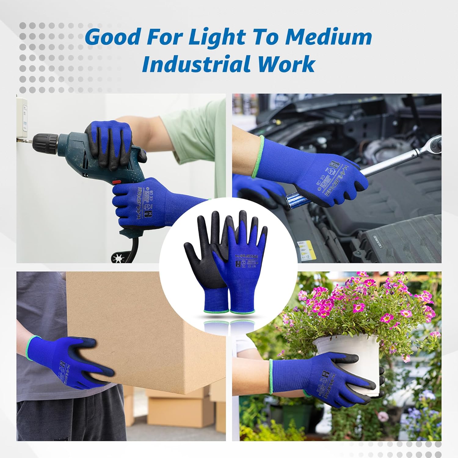 MANUSAGE Safety Work Gloves Men and Women, Microfoam Nitrile Work Gloves Large, Thin Work Gloves With Touchscreen Fingers, Work Gloves Women, Men's work gloves with grip, 6 Pairs, Blue