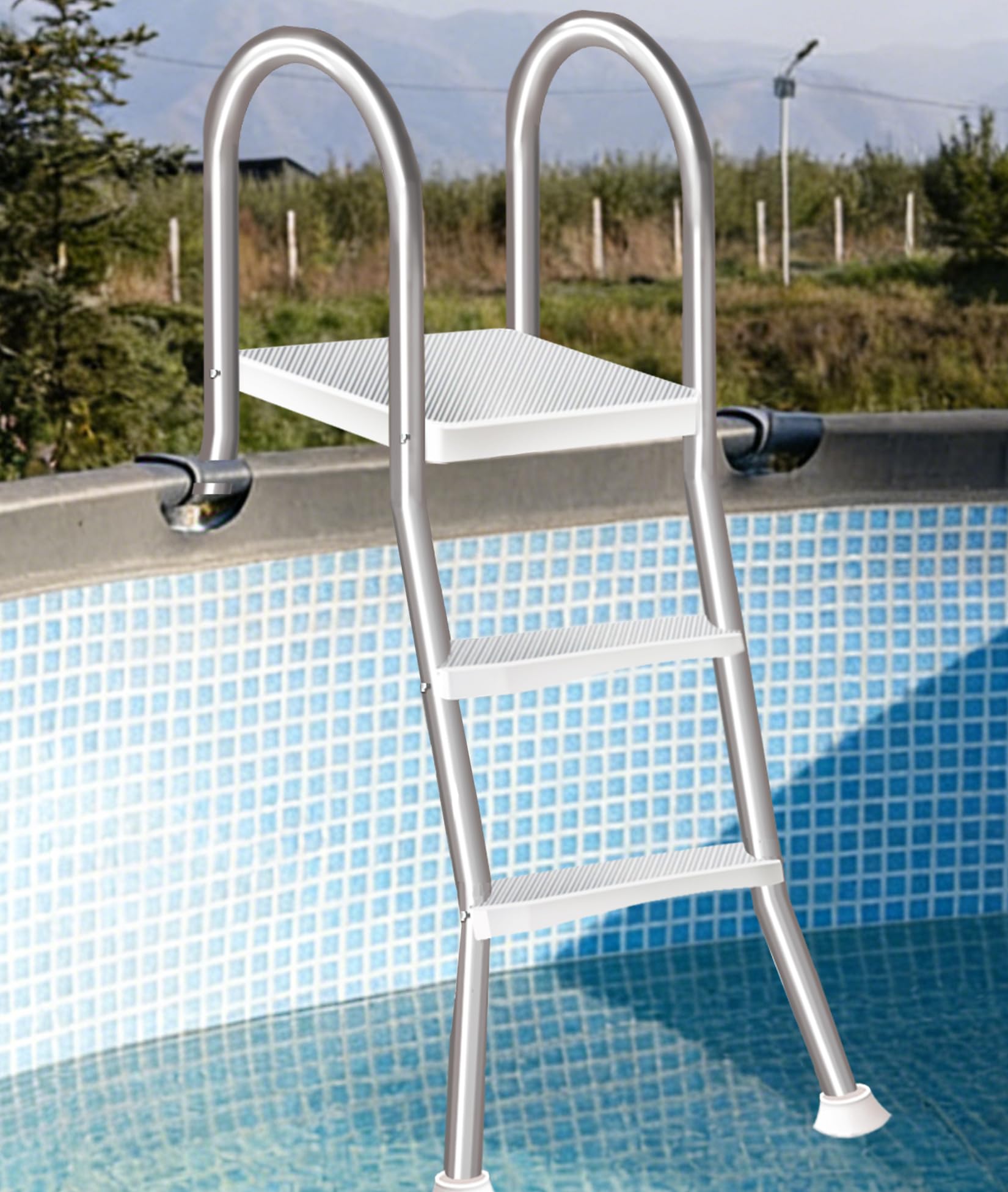 Escalera de Piscina de Doble Cara con Estructura de Acero para Piscinas Elevadas, Escalera de Piscina de Doble Cara de 3 Peldaños para Piscinas de 110 cm, Capacidad 250 kg,110cm