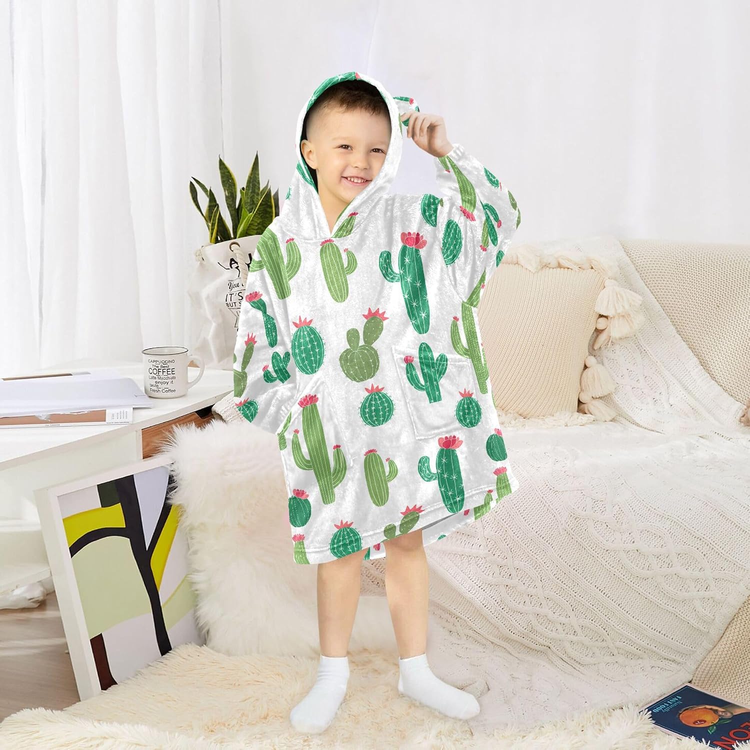 Cactus Flower Kids Wearable Blanket Hoodie with Pocket and Sleeves for Toddlers, Cute Hoodies Girls Boys B0403985