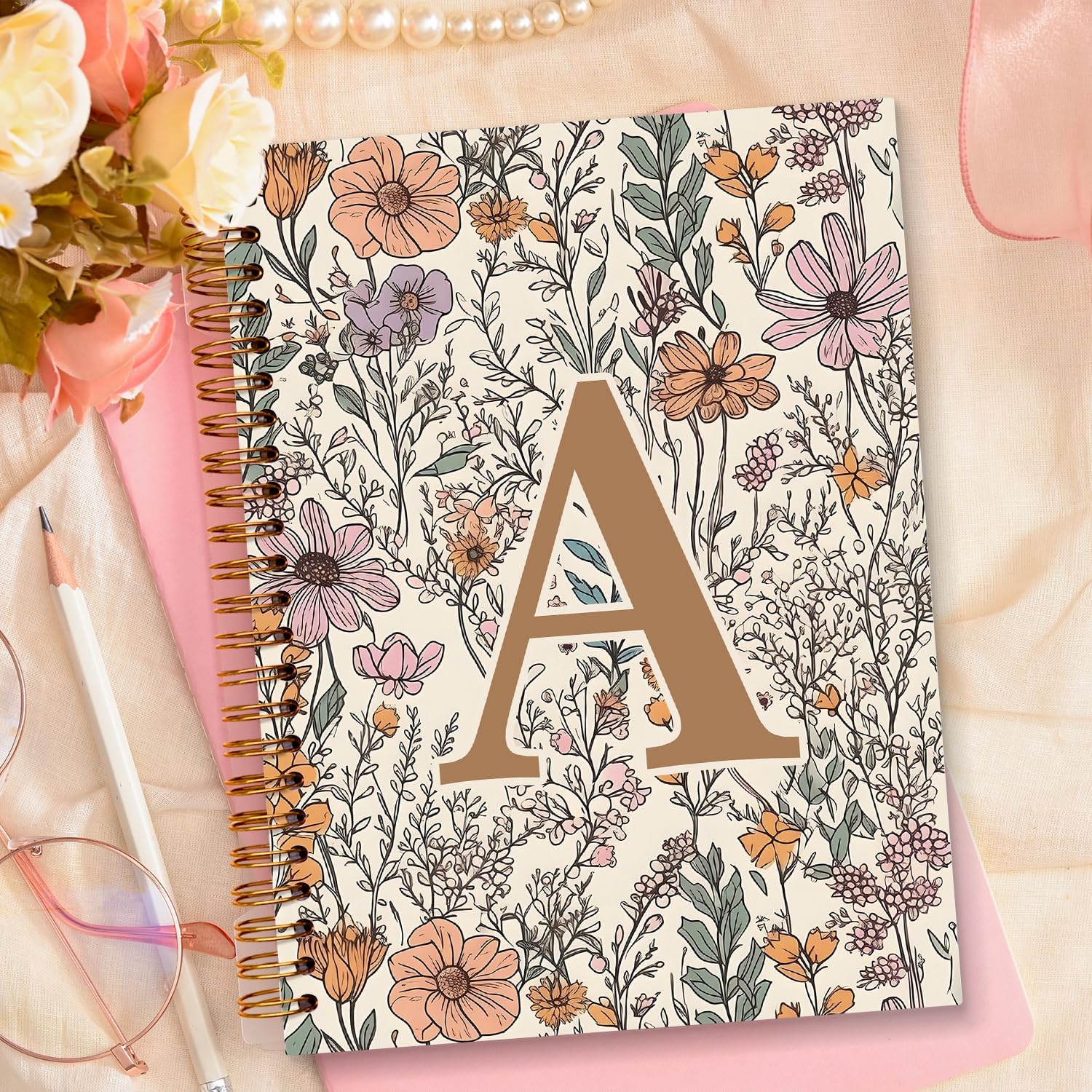 JXREQ Vintage Boho Floral Personalized Notebook, Initial Letter A Notebook Journal, Monogram Notebook, Monogrammed Gifts for Women, Boho Office Supplies, Flower Spiral Notebook 5.5x8.3 - Image 5