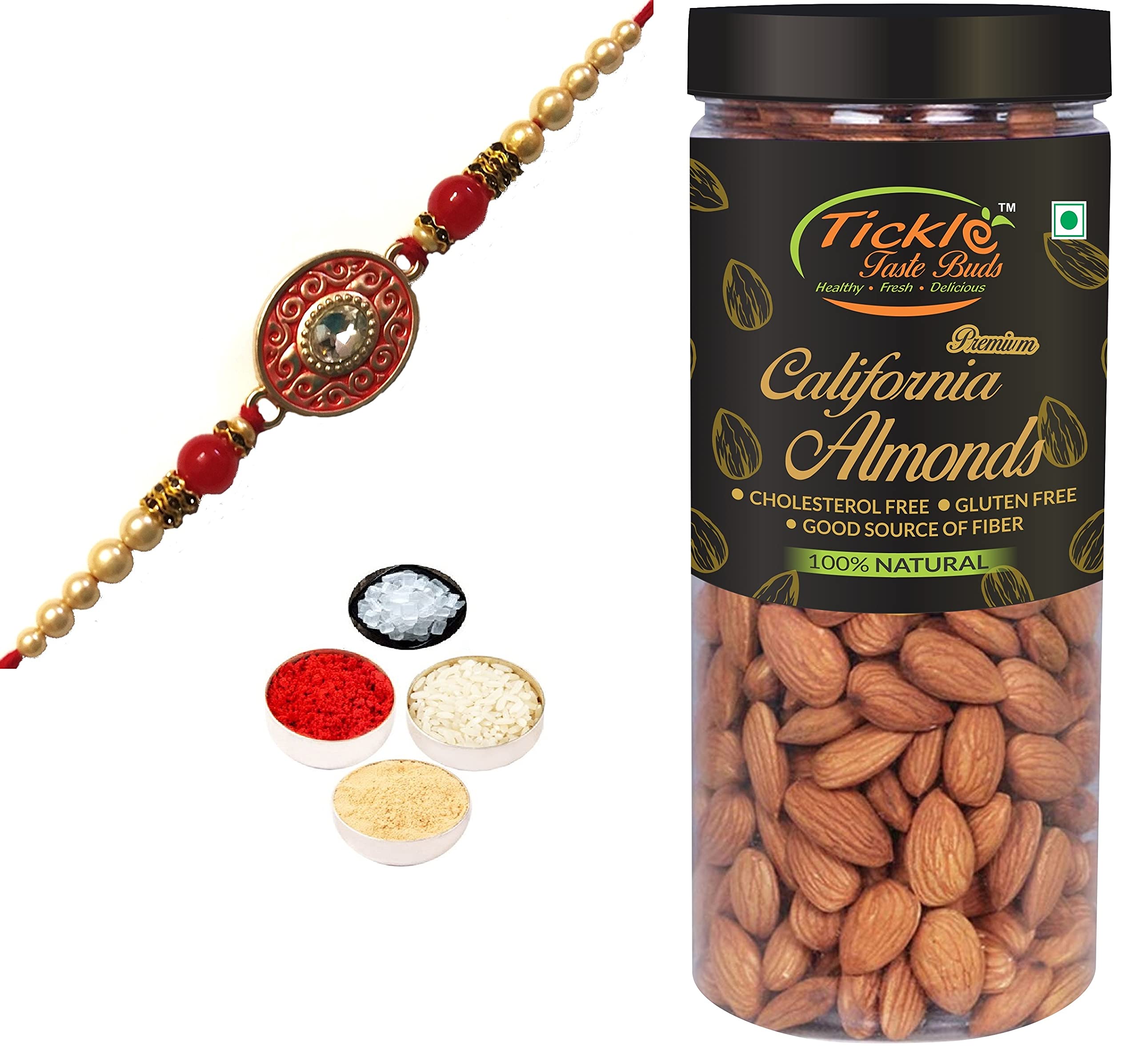Designer Trendy Rakhi for Brother Gift Combo with Badam Jar 250gms & Personal Message, Roli Tikka Chandan Chawal Mishri Special Pack for Bhai Bhaiya-image-22