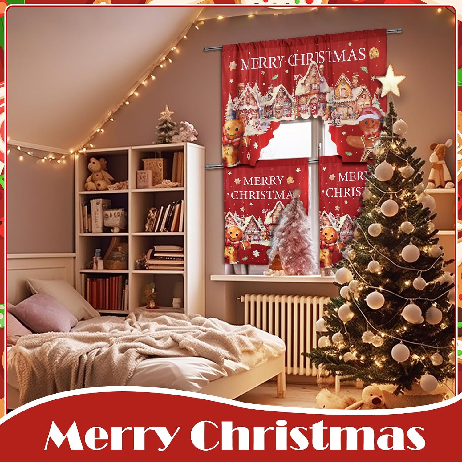 Remagr Christmas Kitchen Curtains 3 Pieces Set Gingerbread Man Window Curtains and Valance for Kitchen Home Bedroom Living Room Cafe Windows 60'' x 36'' Valance & 36'' x 30'' x 2 Panels
