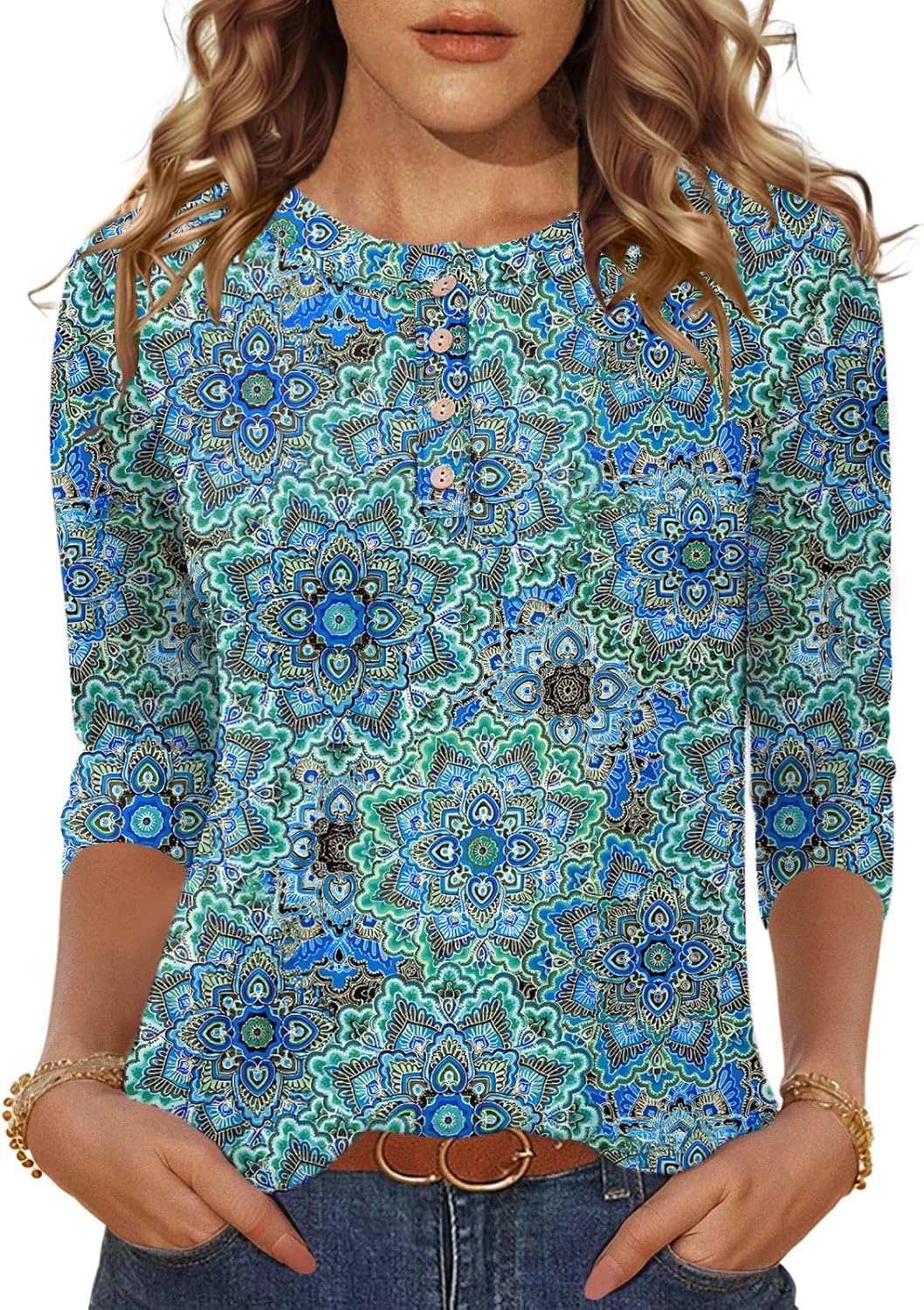 LOMON 3/4 Length Sleeve Womens Tops Dressy Casual Crewneck Pullover Tunics Summer Cute Blouses Fashion 2025 Tees Shirts - Image 2