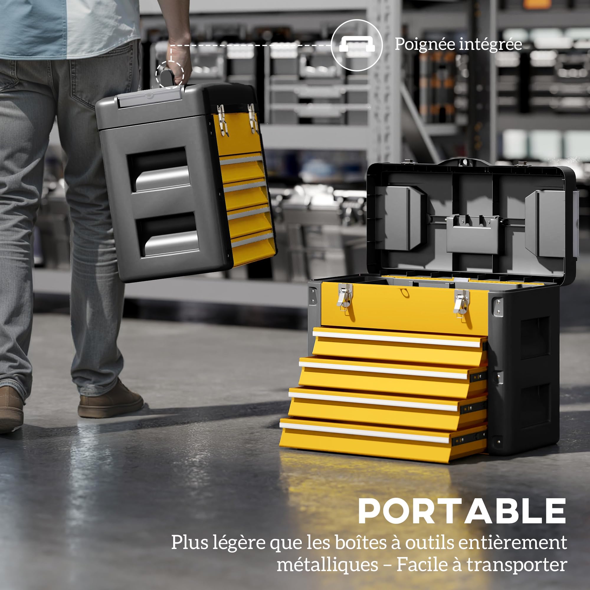 HOMCOM Boîte à Outils à 4 Tiroirs, Plateau Amovible, Caisse Vide, Jaune | Caisse à Outils en Acier Thermolaqué, Poignée, Mini-Boîtes, Glissières à Billes, Coffre à Outillage Robuste