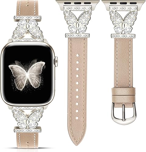 Miniatura 1 de JR.DM Correas de reloj de cuero para mujer, compatibles con Apple Watch de 1.65, 1.73, 1.77, 1.77 y 1.73 pulgadas, conector de mariposa brillante,