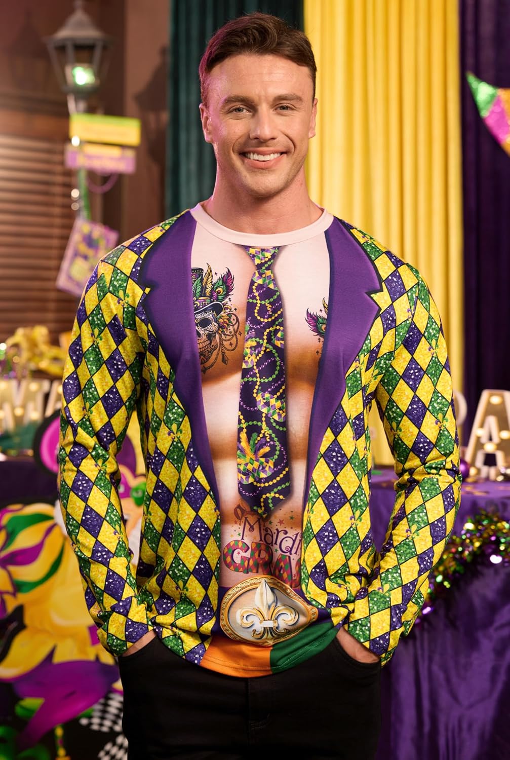 Arvilhill Men's Mardi Gras Shirts Tie Dye Funny New Orleans Carnival Longsleeve Shirt (S-3XL) - Image 2