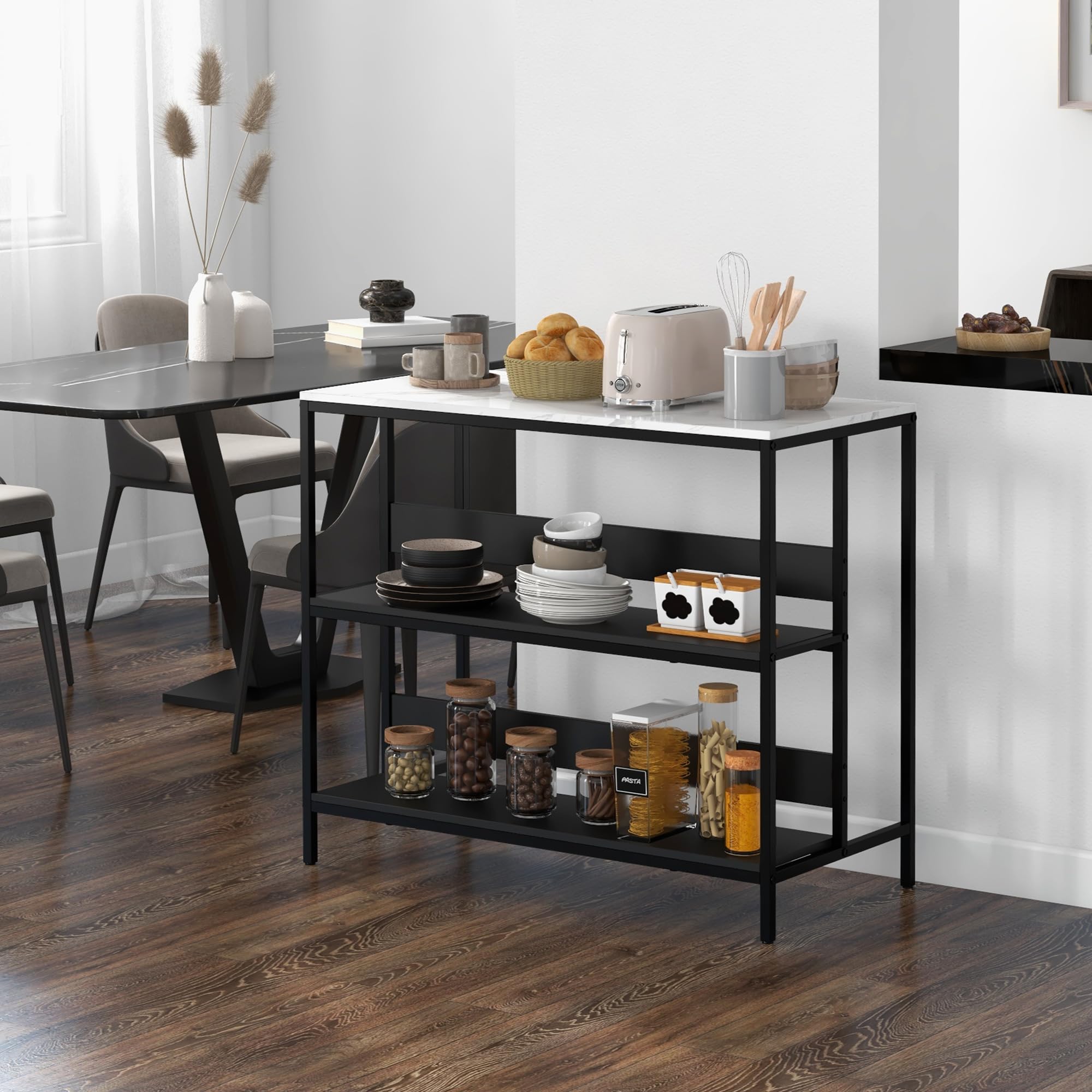 HOMCOM - Postre isla de cocina, mueble de cocina, bandeja de aspecto mármol, estructura de acero, 2 estantes, mueble de almacenamiento para salón, estilo moderno, 100 x 50 x 90 cm, color negro