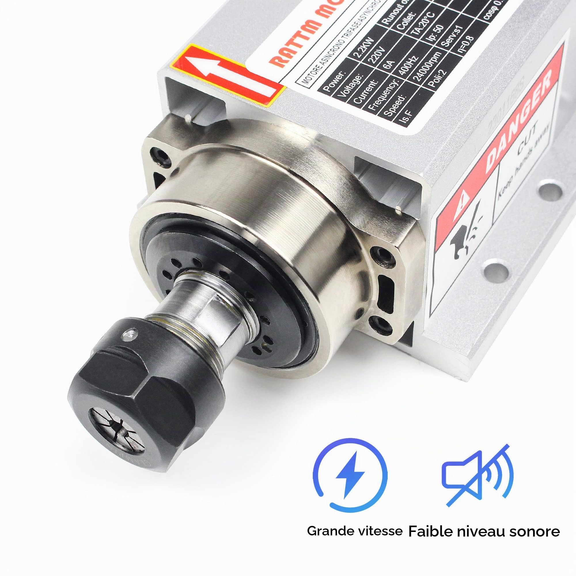 RATTMMOTOR Moteur de broche CNC 2,2 kW - 220 V - 24 000 tr/min - 400 Hz - Refroidissement par air - Broche CNC - Pour machine à graver CNC