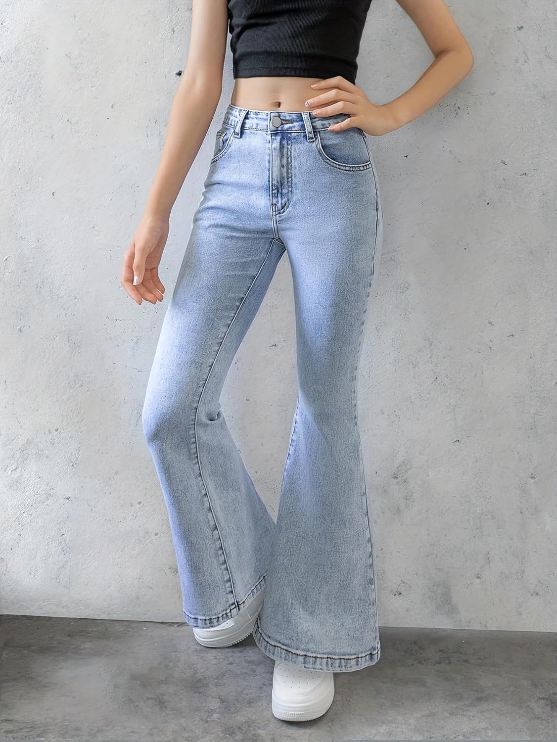 Girls Jeans Flare High Elastic Waist Denim Pants Bell Bottom Stretch Cute Y2K Streetwear with Pockets 7-14Y - Image 4