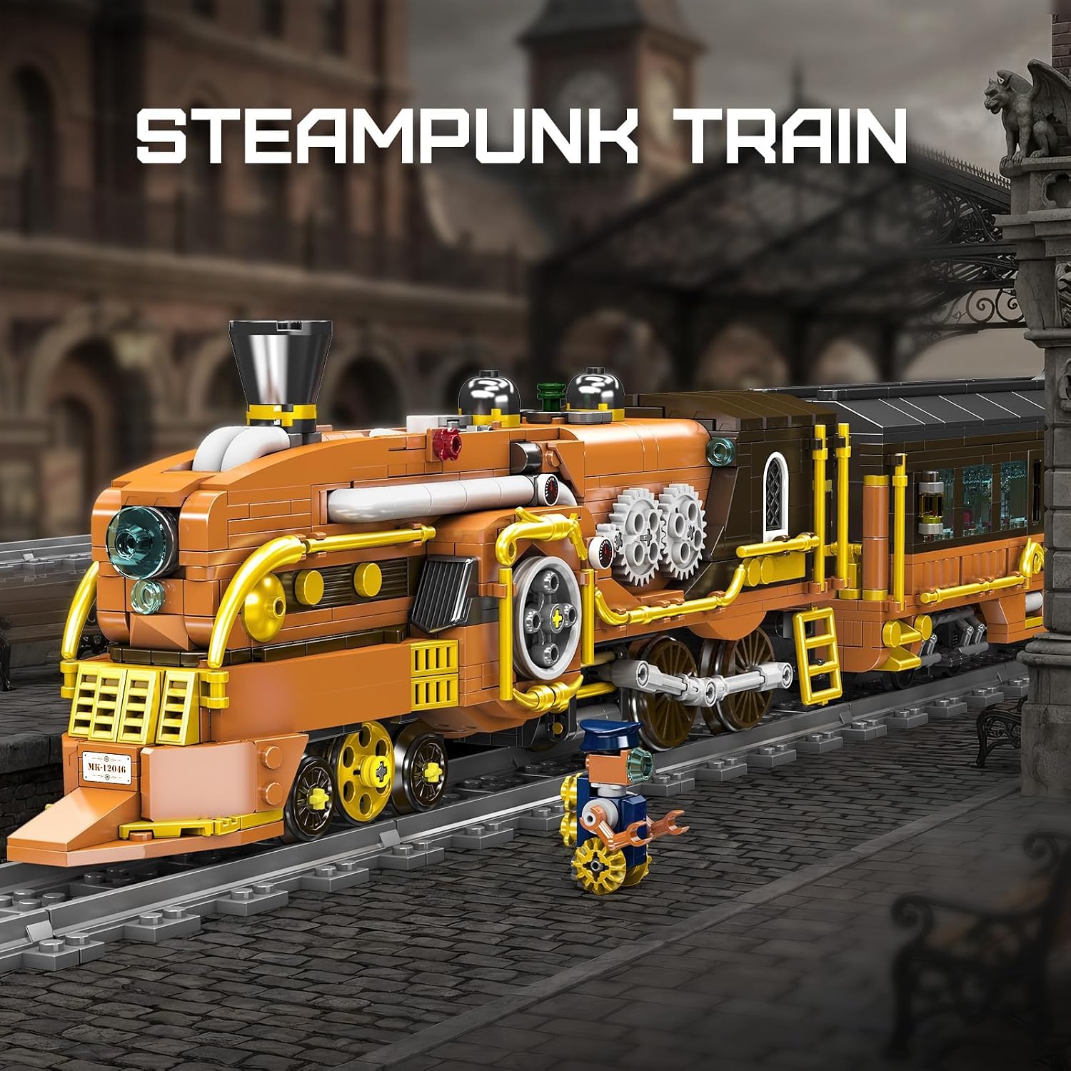 Mould King 12046 Steampunk Train Building Kit, 1954-Piece RC Locomotive Model with APP & Remote Control, Motorized Steam-Style Train with Tracks, Engineering Display Assembly Set