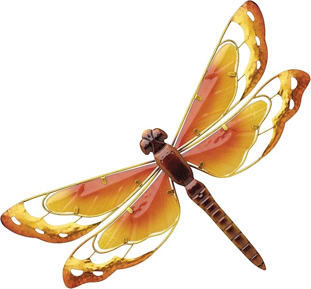 Thompson & Morgan Large Metal Dragonfly Garden Wall Art with Colourful Glass Decoration, Dimensions L44 x W2.5 x H34cm (Yellow & Orange)