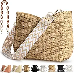Bolsas de mão de palha, bolsa de bolso, bolsa de bolso, casual, de tecido, bolsas de praia de verão Hobo Hippie Chic com corrente