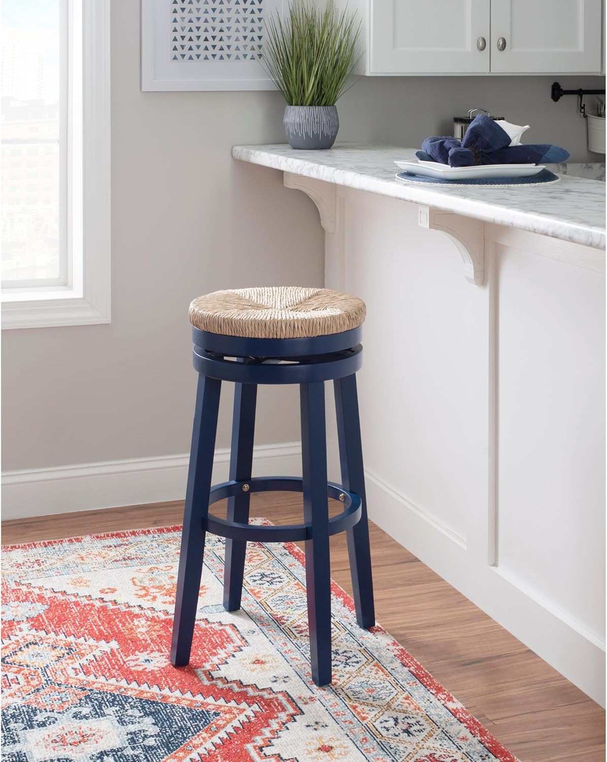 Powell Maya Backless Swivel Bar Stool with Seagrass Seat Navy Blue Painted Beach, Shabby Chic