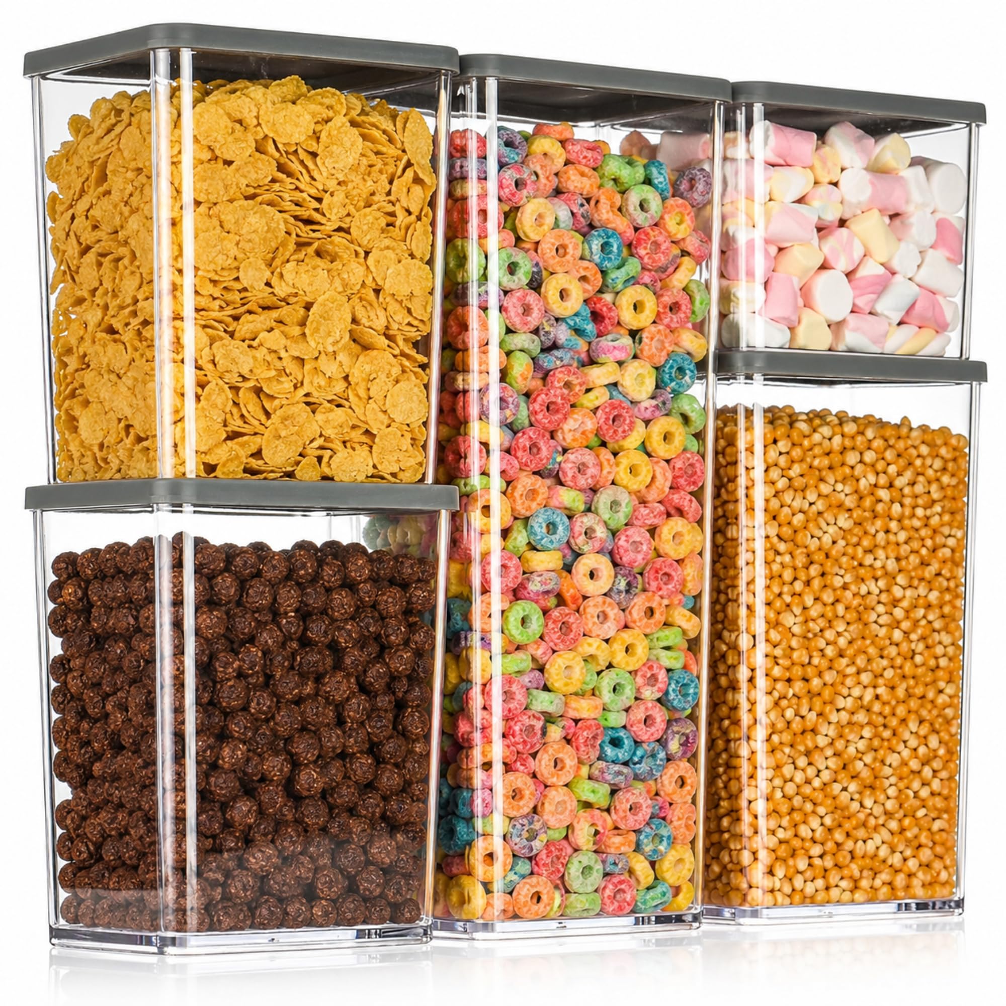 LIVIVO 5pc Stacking Food Storage Containers Set – Airtight Plastic Kitchen Pantry Organizer with Grey Lids – Space Saving Tubs for Cereal, Pasta, Rice, Flour, Snacks, Dry Food