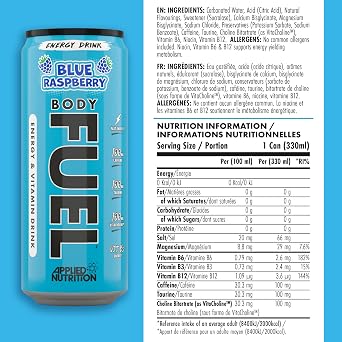 Applied Nutrition BodyFuel Energy & Vitamins Drink - Fast Energy, Energy Drink, Sugar Free with Caffeine (Pack of 12 Cans x 330ml) (Blue Raspberry)