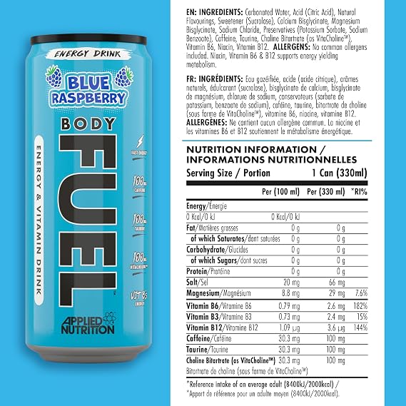 Applied Nutrition BodyFuel Energy & Vitamins Drink - Fast Energy, Energy Drink, Sugar Free with Caffeine (Pack of 12 Cans x 330ml) (Blue Raspberry)