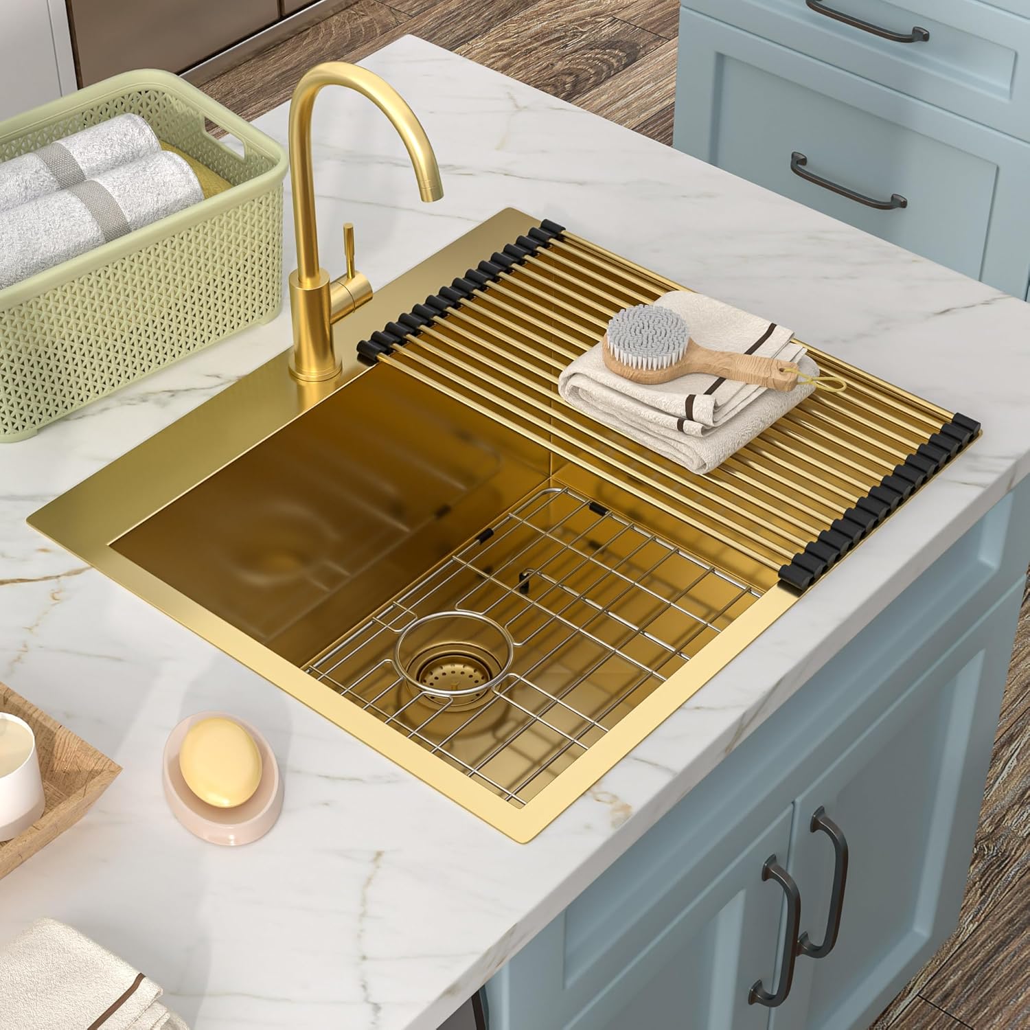 25"x22" Drop In Laundry Utility Sink – 16 Gauge 304 Stainless Steel Brushed Gold NANO-PVD Topmount 12 Inch Deep Single Bowl Laundry Room Sink