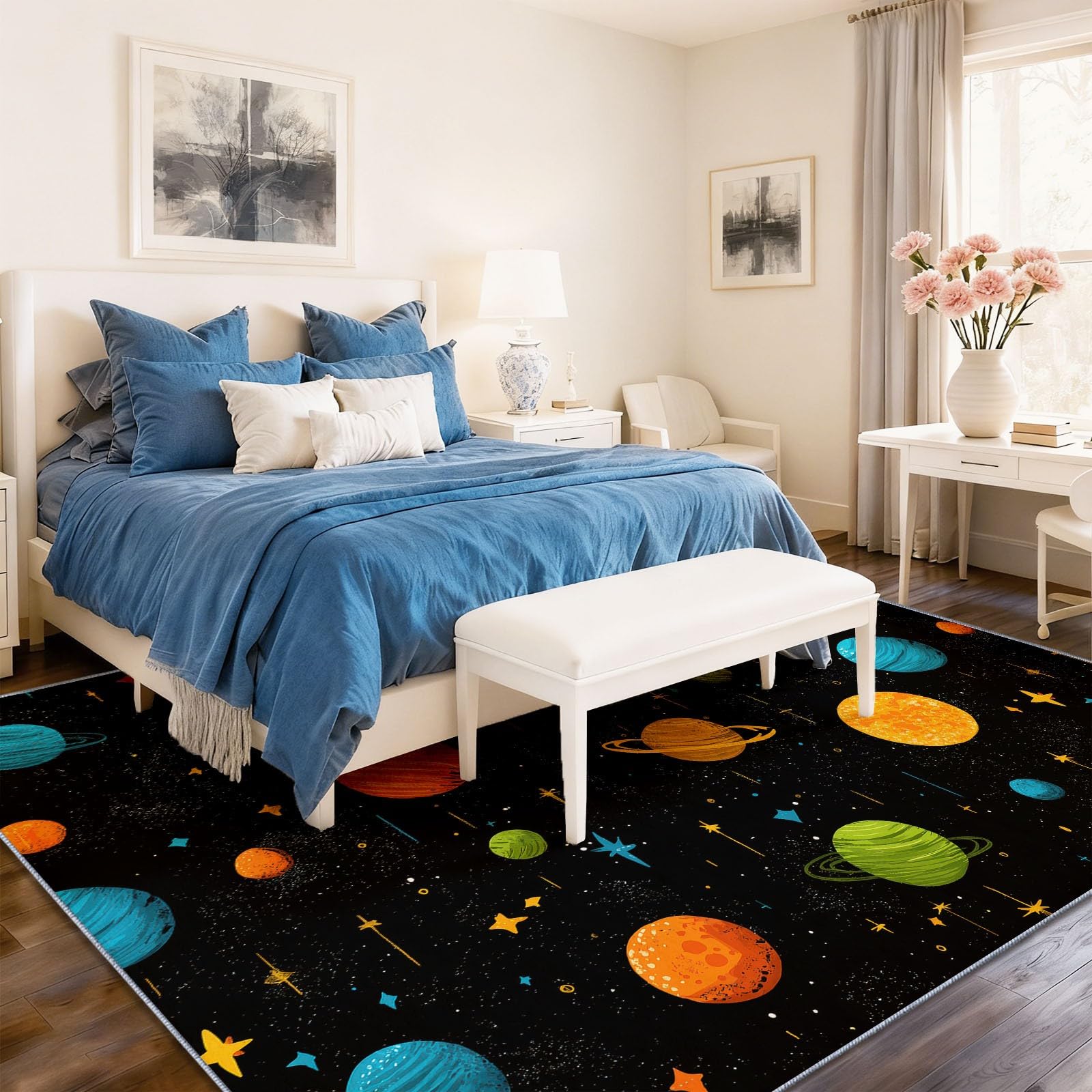 Alfombra lavable a máquina, antideslizante, 120 x 180 cm, alfombra Sci-Fi, lúdica, planetas, suelo de pelo bajo, suave, diseño para habitación infantil, cuarto de baño, habitación de bebé, decoración
