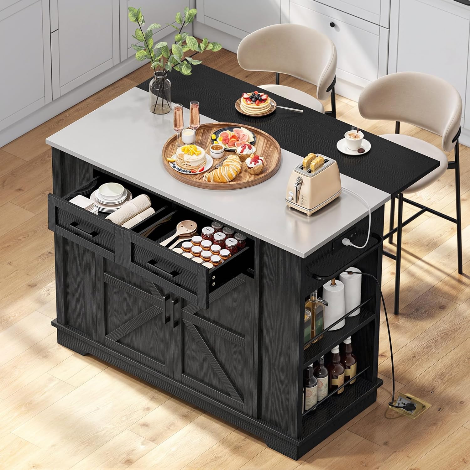 DWVO Kitchen Island w Stainless Steel Top Drop Leaf Bar Seating Power Outlet, 47" Portable Rolling Mobile Center Islands w Folding Dropleaf Storage Drawer Cabinet Wheel Counter Height Metal Top, Black