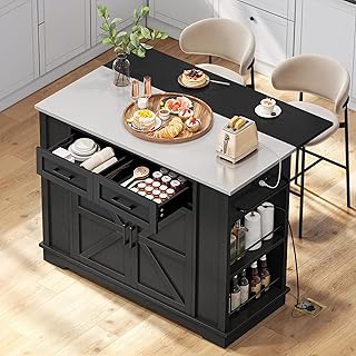 DWVO Kitchen Island w Stainless Steel Top Drop Leaf Bar Seating Power Outlet, 47" Portable Rolling Mobile Center Islands w Folding Dropleaf Storage Drawer Cabinet Wheel Counter Height Metal Top, Black