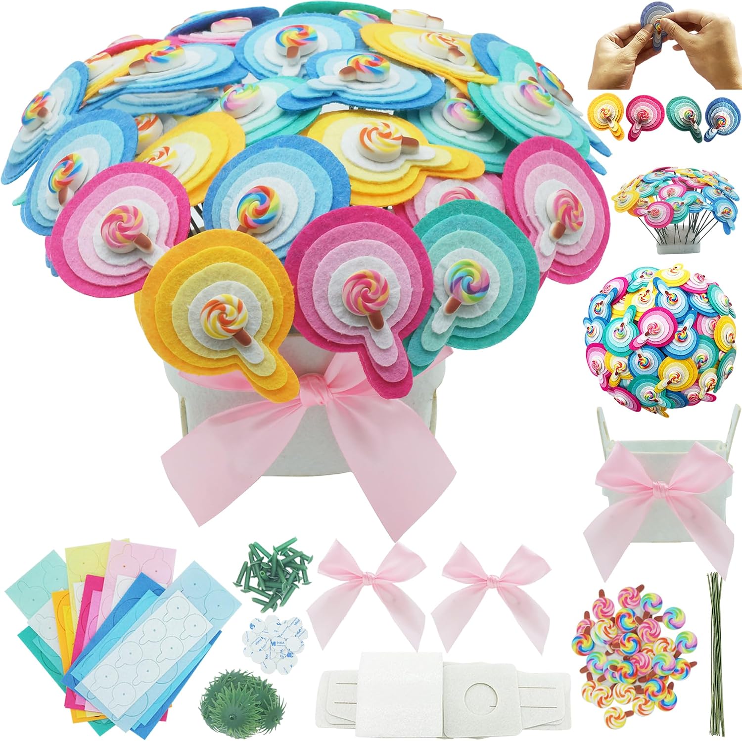 BAZIMA DIY Felt Flower Art Craft Kit,Lollipop Bouquet Making Kit, Floral Gifts,Beginner Craft Kit, Arrange Pre-Cut Felt Flowers, Ideas for Art Project Activity,32 Felt Flowers.