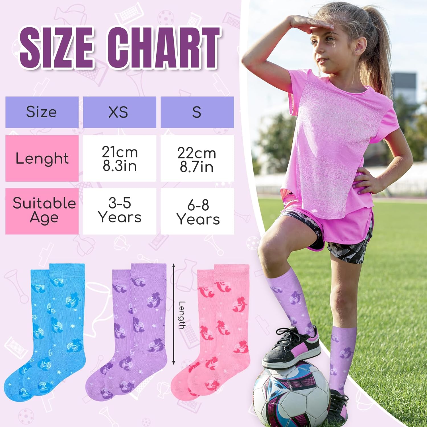 3 Pairs Kids Toddler Soccer Socks for Girls Toddler Unicorn Mermaid Knee High Socks Kids for 3-8 Years - Image 5