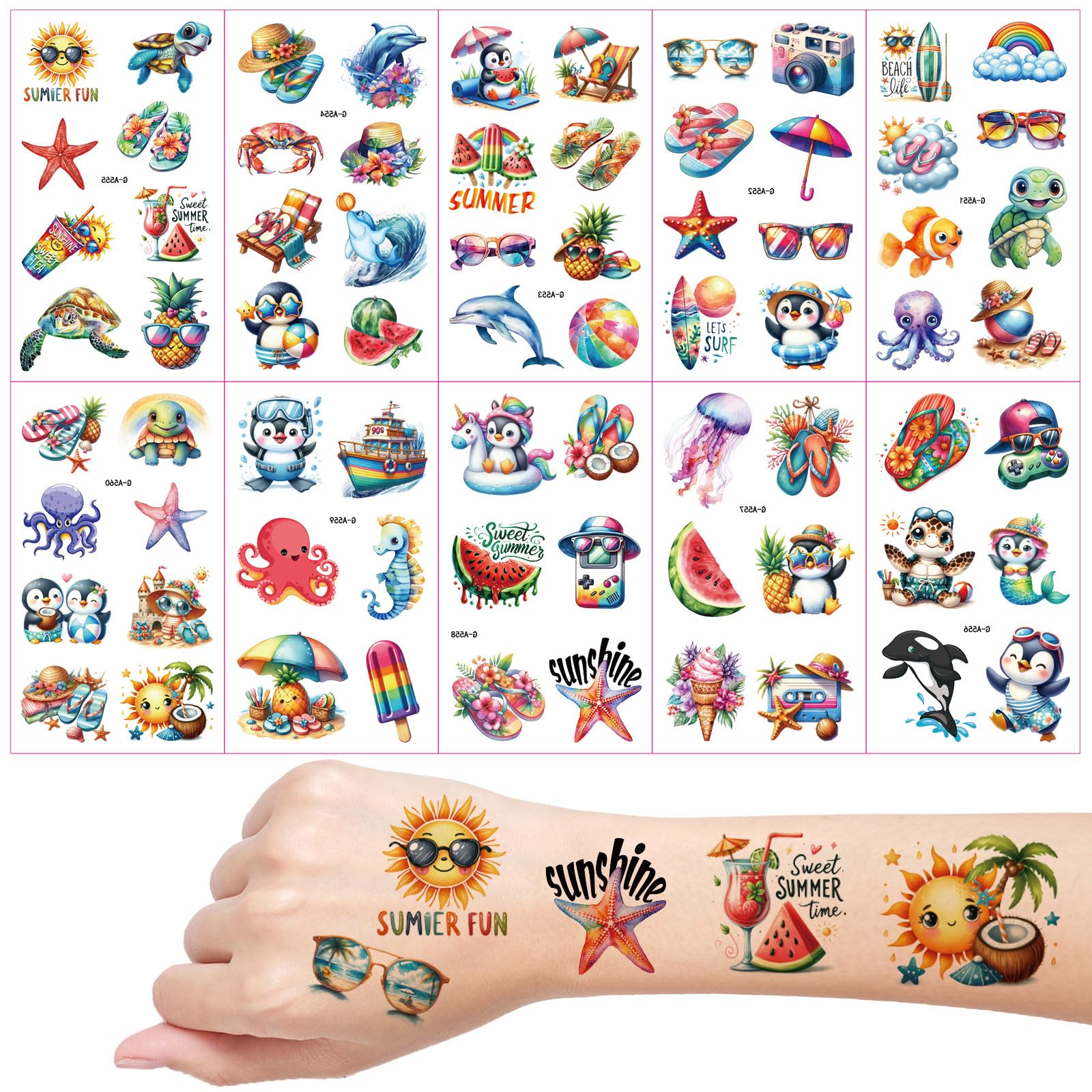 Sommer Tattoos für Kinder, 10 Blätter Wasserfarben Sommer Temporäre Tattoos, Kinder Tattoo Hautfreundlich, Schultüte Füllung, Mitgebsel Kindergeburtstag