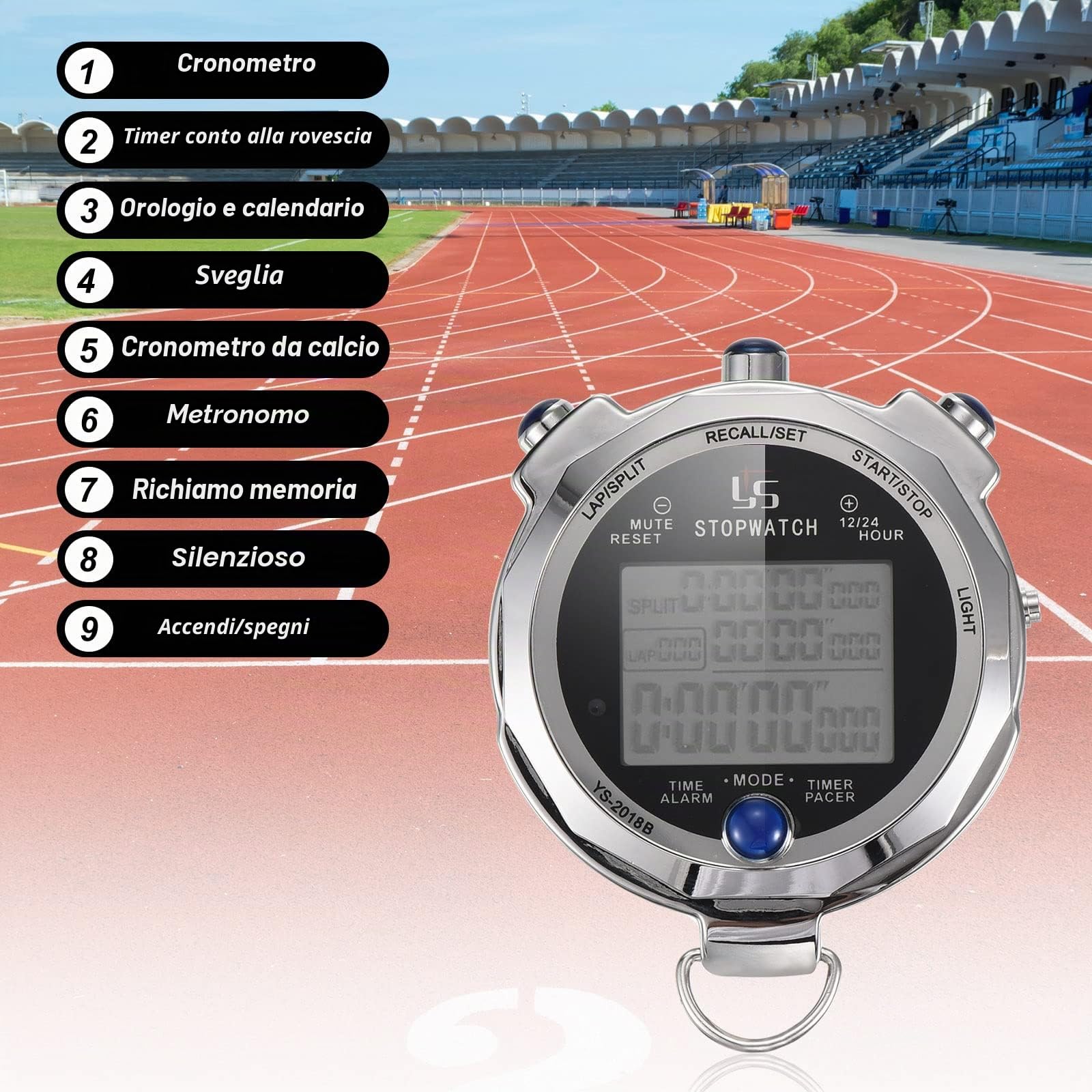 PATIKIL Metallo Cronometro Stop Orologio, Cronometro Timer con Retroilluminazione 100/200 Giro Memoria 0.001 Secondo Cronometraggio Digitale Stop Guarda per Allenatore Sport Competizioni