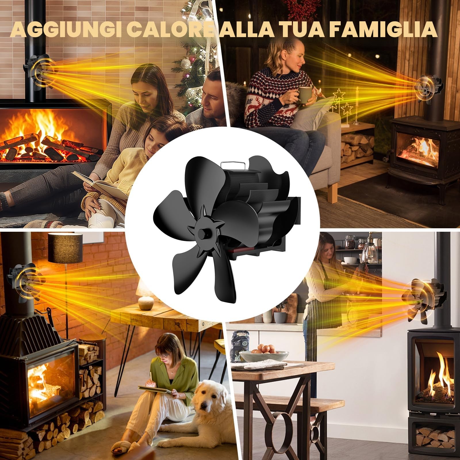 Ventola per Stufa a Legna, ventilatore magnetico a 5 pale, a risparmio energetico e silenzioso, Adatto per stufe a legna, caminetti e canne fumarie