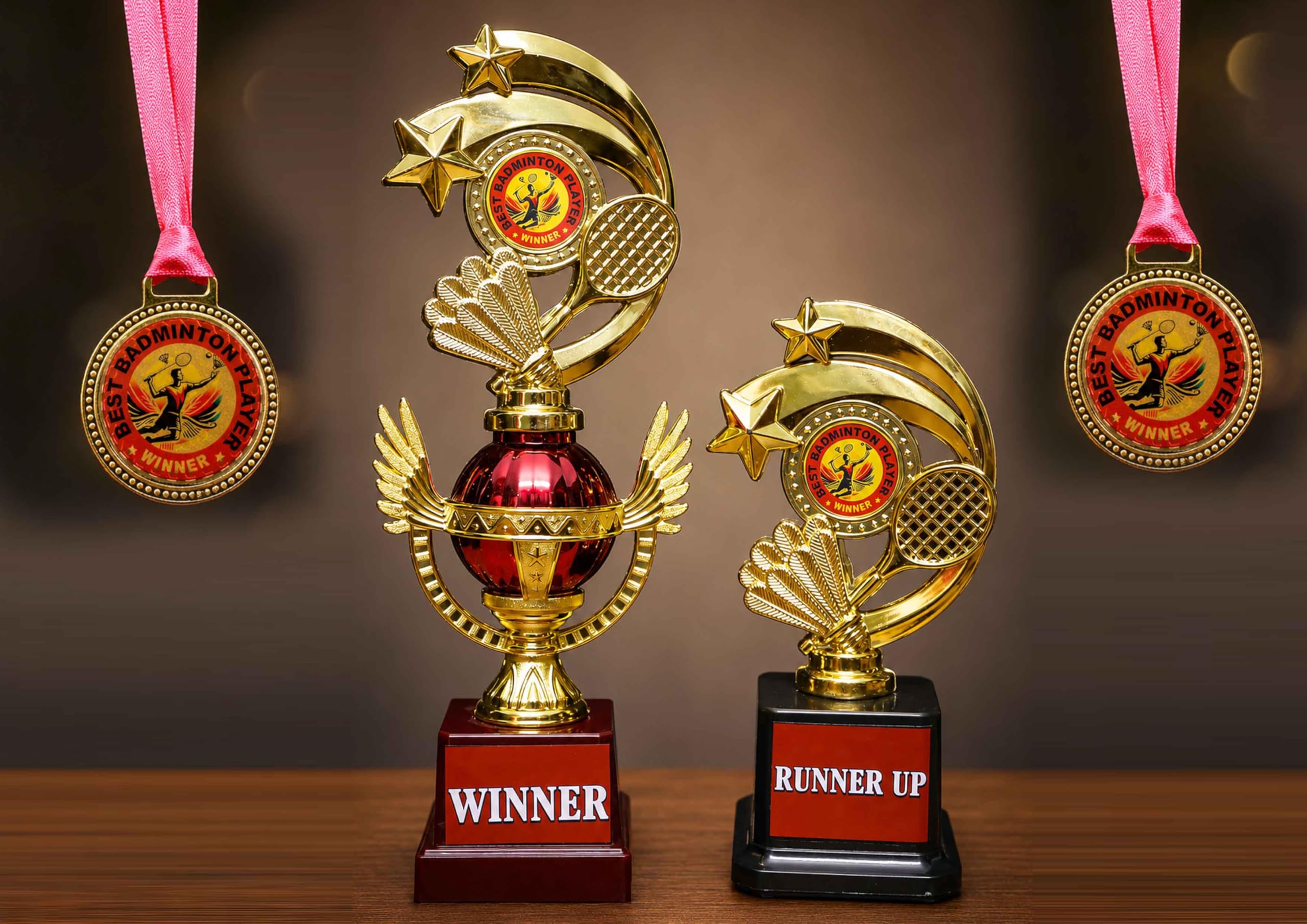 Badminton Trophy & Medal Set for Winners and Runner Up | Gold Finish Sports Award Trophy with Ribbon Medals | Tournament Prize Set-picture-18