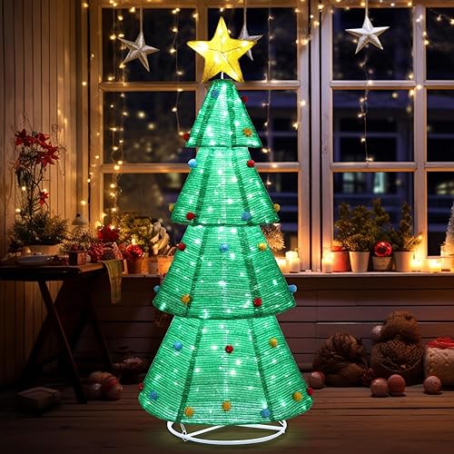 VINGLI Árbol de Navidad plegable iluminado de 6 pies, árbol de Navidad preiluminado con estrella superior, base de metal para decoración de