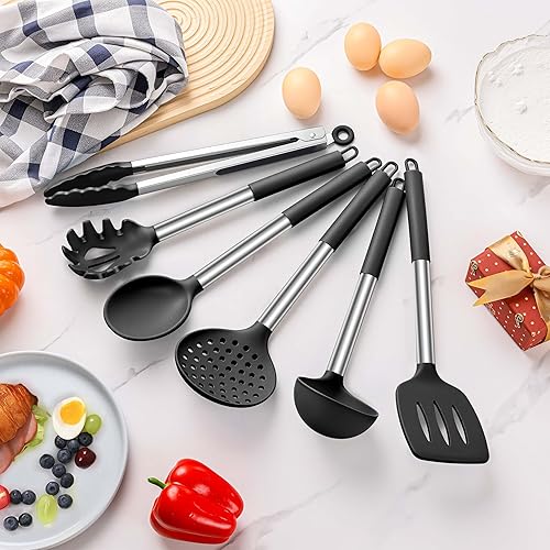 Miniatura 4 de LIANYU Juego de 6 utensilios de cocina de silicona, antiadherentes, resistentes al calor, mango de acero inoxidable, color negro
