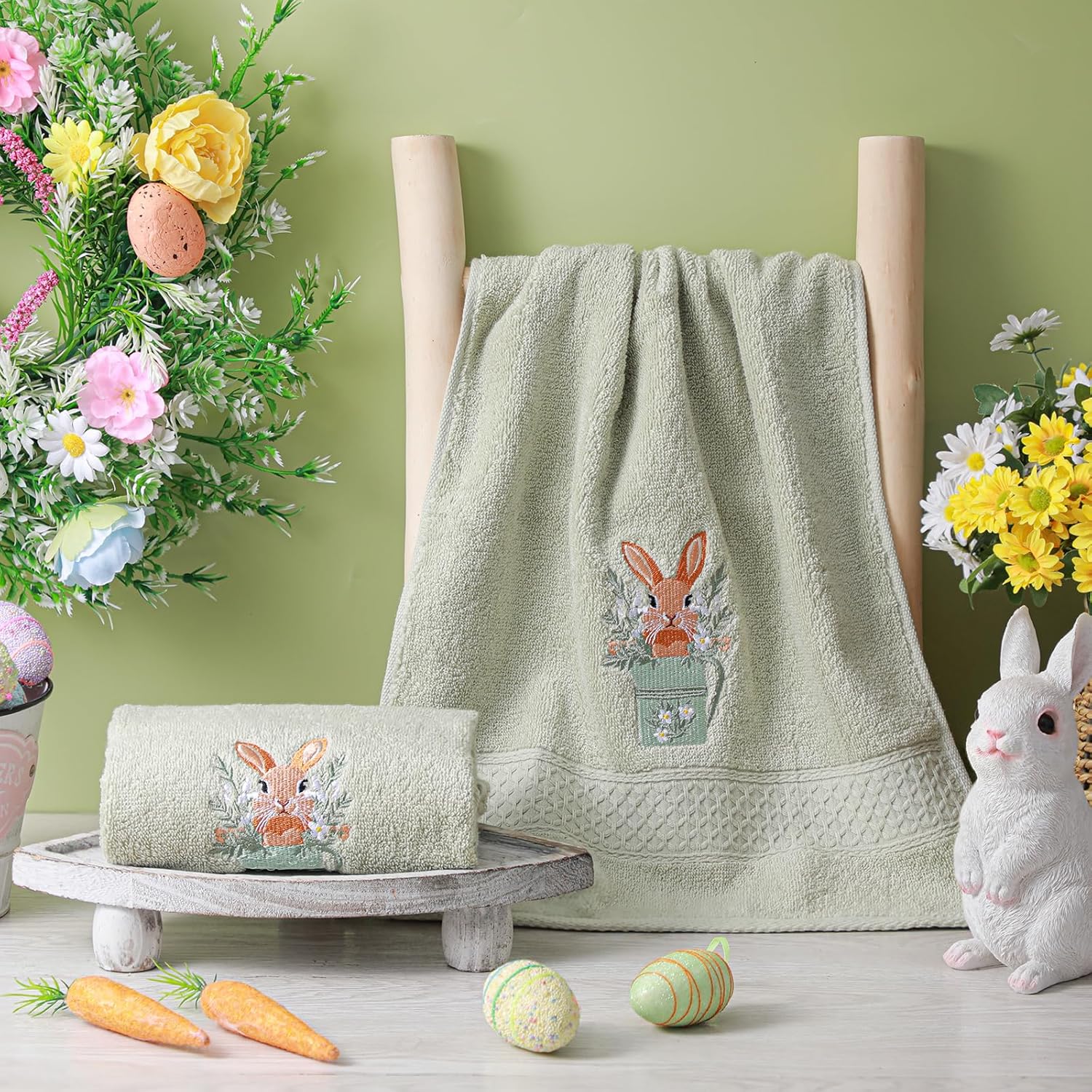 Tudomro 2 Pcs Happy Easter Bunny Hand Towels Green Bathroom Decor 14x29 Inch Embroidered 100% Cotton Soft Absorbent Spring Easter Bunny Decorative Hand Towels for Bathroom Kitchen - Image 4