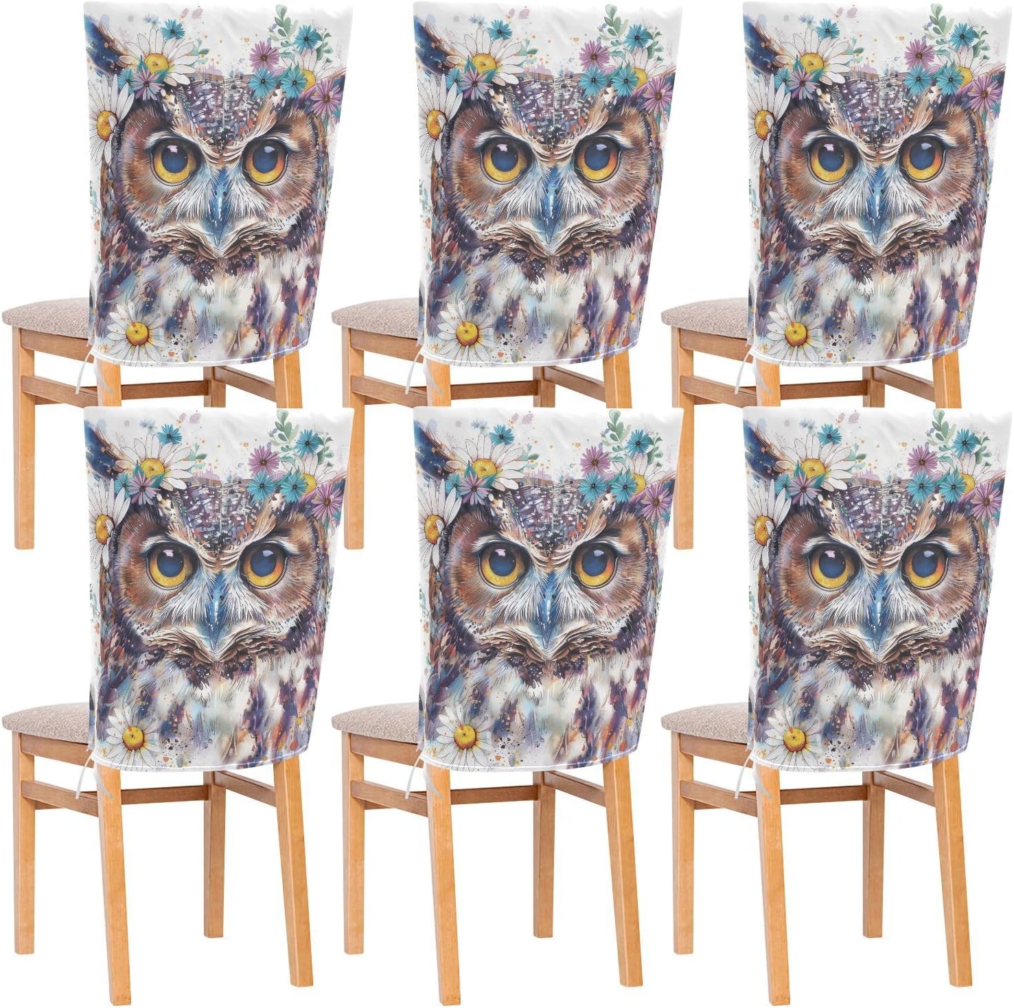 ALAZA Cute Boho Owl and Daisy Flowers Chair Back Cover Set of 6, Washable Reusable Removable Chair Slipcovers Decorative Chair Cover for Home Kitchen Wedding Party