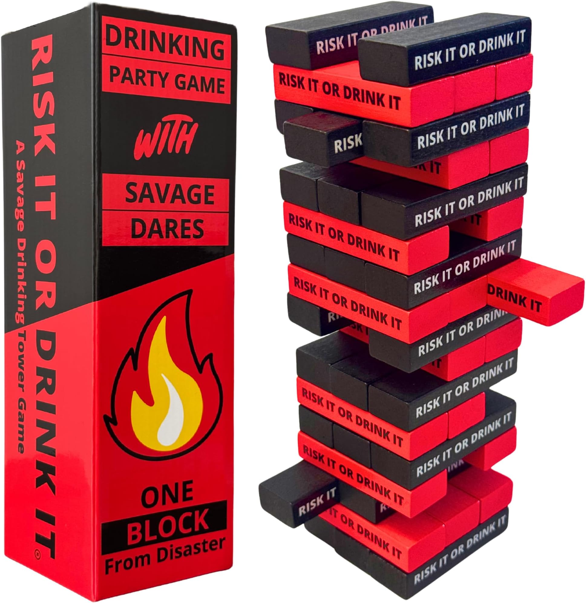 A Savage Drinking Tower Game | Stacking Tower Game with 54 Bold Dares, Group Challenge for Games Night, College, Pregame | Gifts for Bachelorette, Birthday Parties