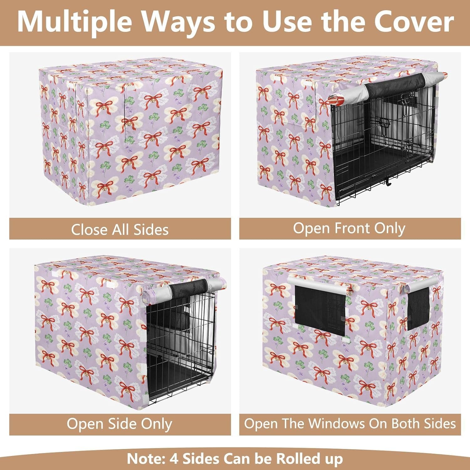 Lace Bow Pattern Dog Crate Cover 600D Oxford Pet Kennel Cover with Mesh Window for Dog Cages, Windproof Waterproof Machine Washable, 48"x30"x33"