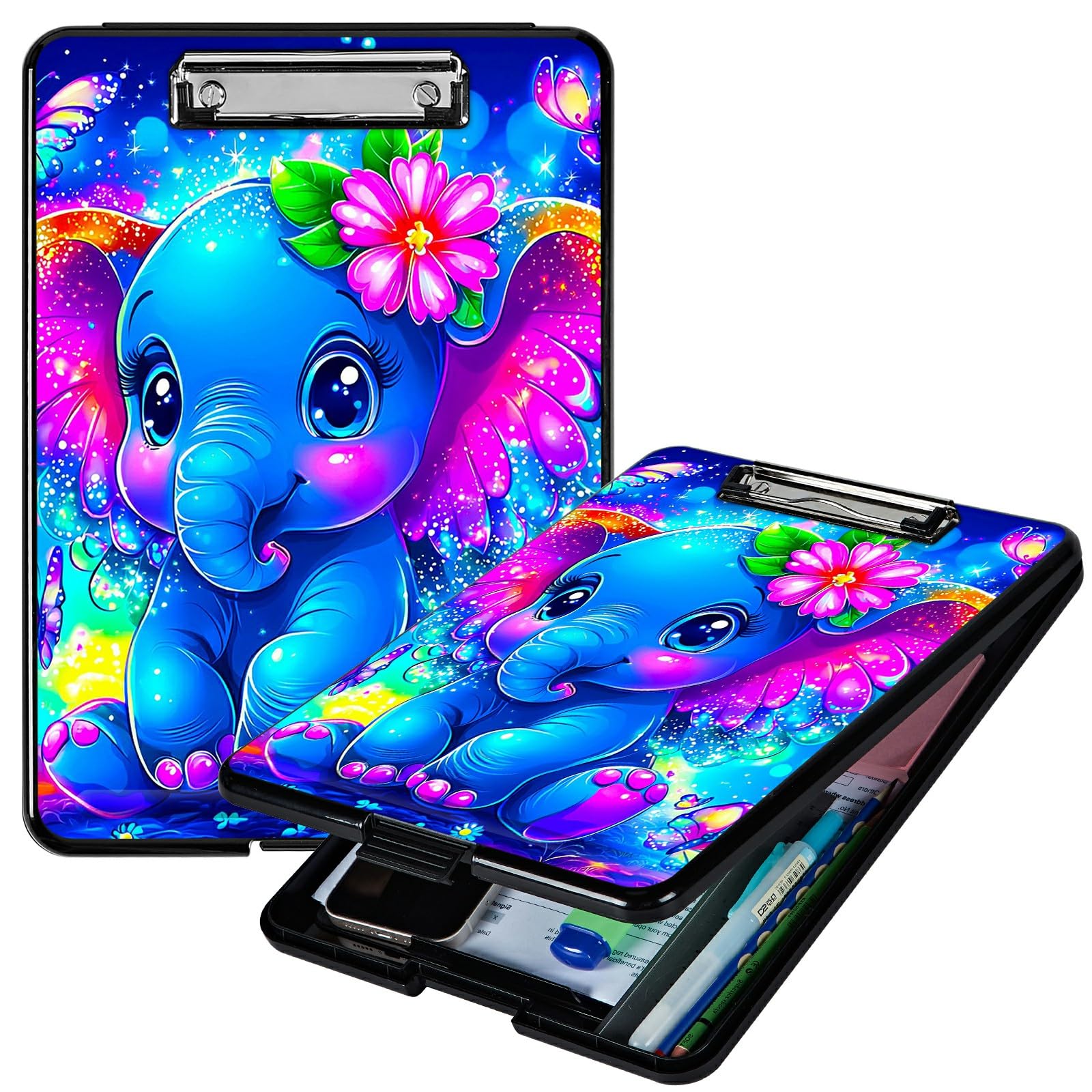 RWUTYTIUL Blue Elephant Flowers A4 Clipboard with Storage Pen Holder, Clipboards Organizer Nursing Clipboard Foldable File Folder Plastic Clipboard Folio Clip Board for Office Students Classroom — image 1