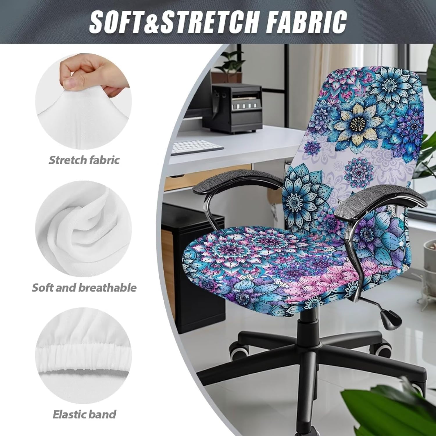 Office Chair Cover for Women Retro Floral Elastic Gaming Chair Covers Universal Desk Task Chair Seat Cover Protector for Rotating Chair Computer Size L