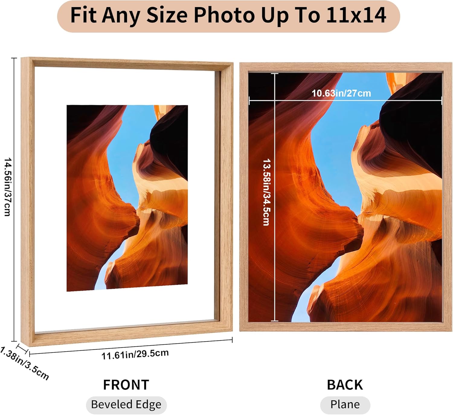 11x14 Floating Frames 2 Pack Wooden Photo Frame Double Sided Glass Picture Frame for Any Size Picture up to 11x14, Wall Mount or Tabletop Displays, Double-edged Frames, Natural